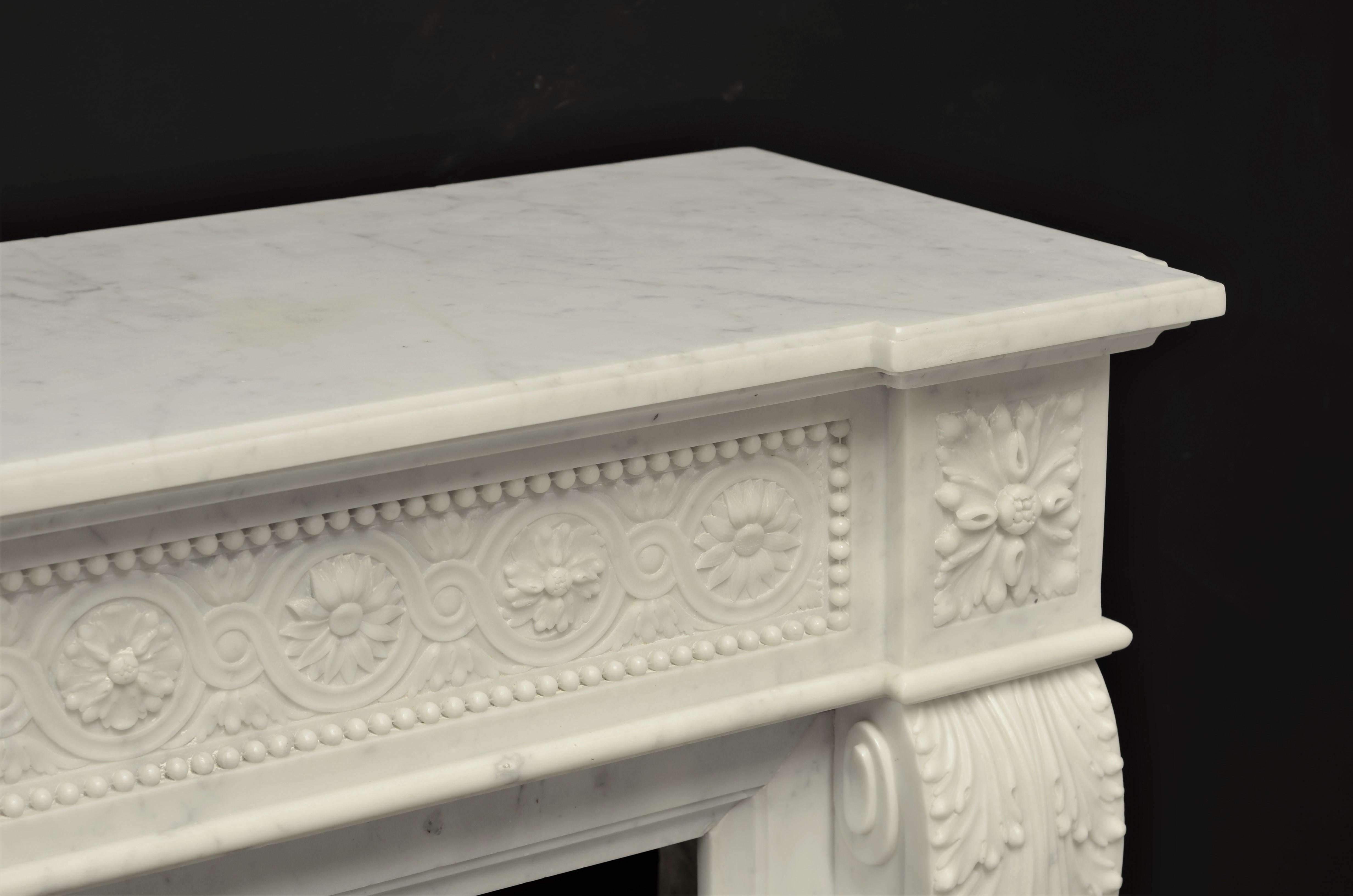 Brilliant Antique Louis XVI Style Fireplace Mantel in Carrara White Marble 7