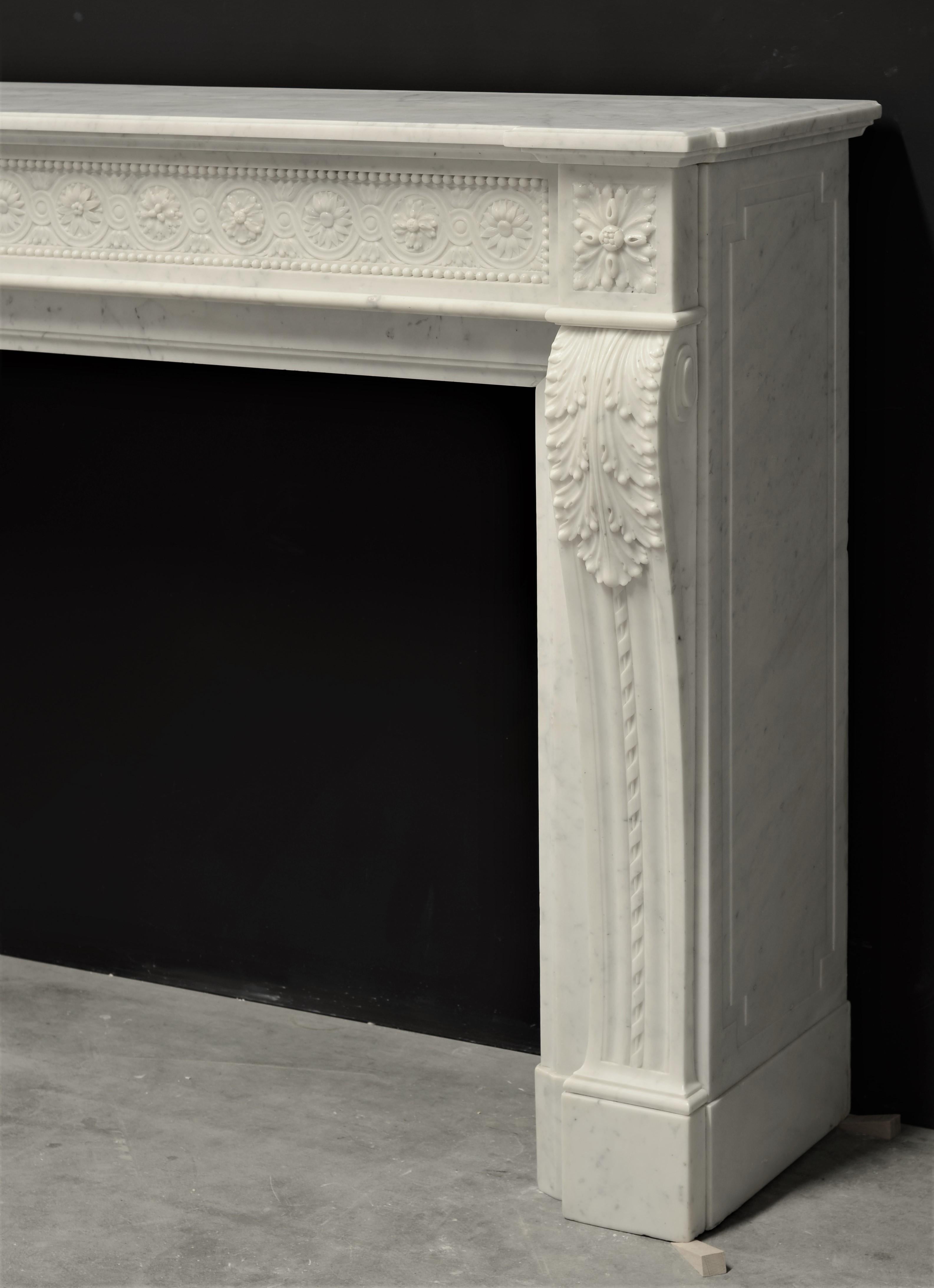 Brilliant Antique Louis XVI Style Fireplace Mantel in Carrara White Marble 8