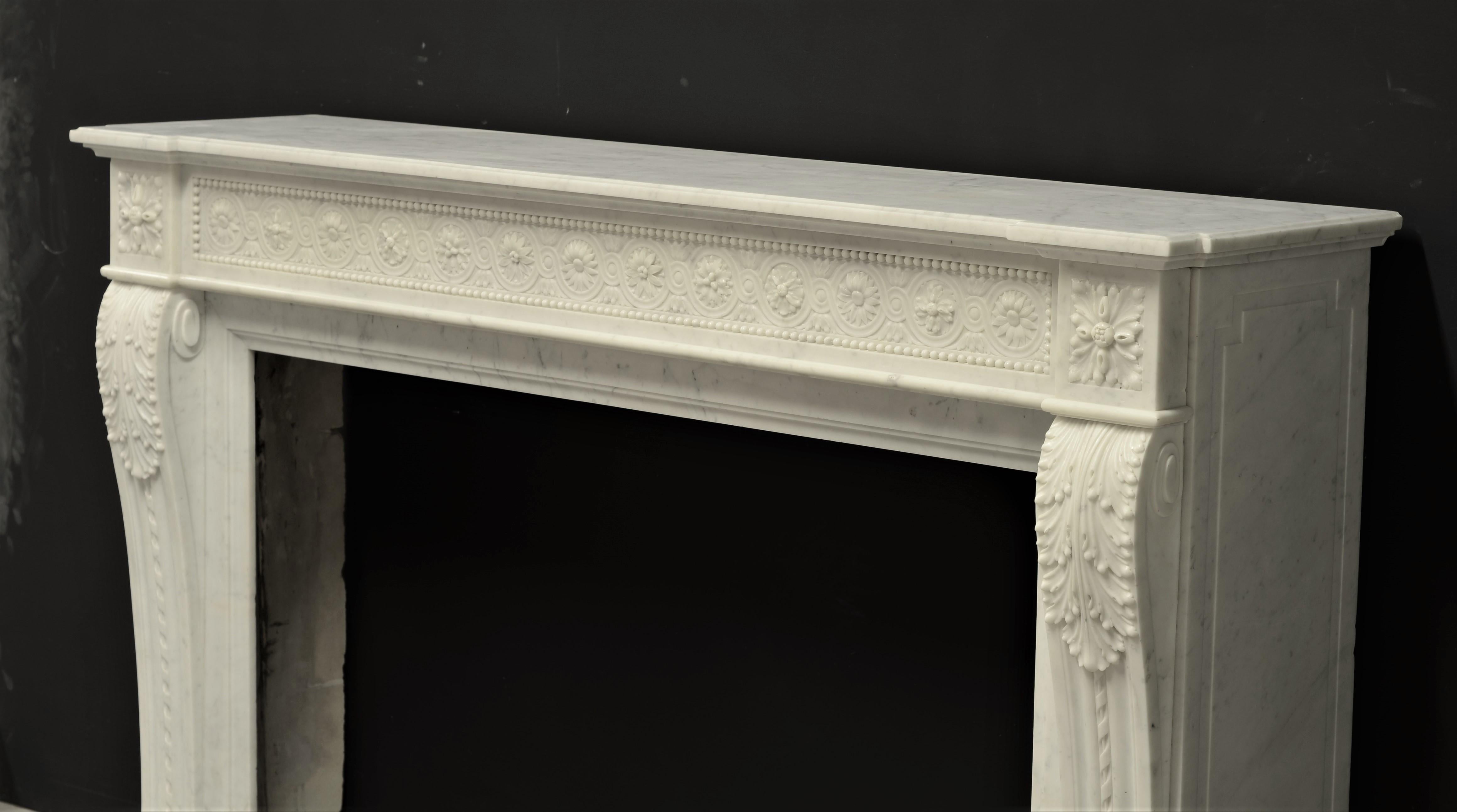 Brilliant Antique Louis XVI Style Fireplace Mantel in Carrara White Marble 9