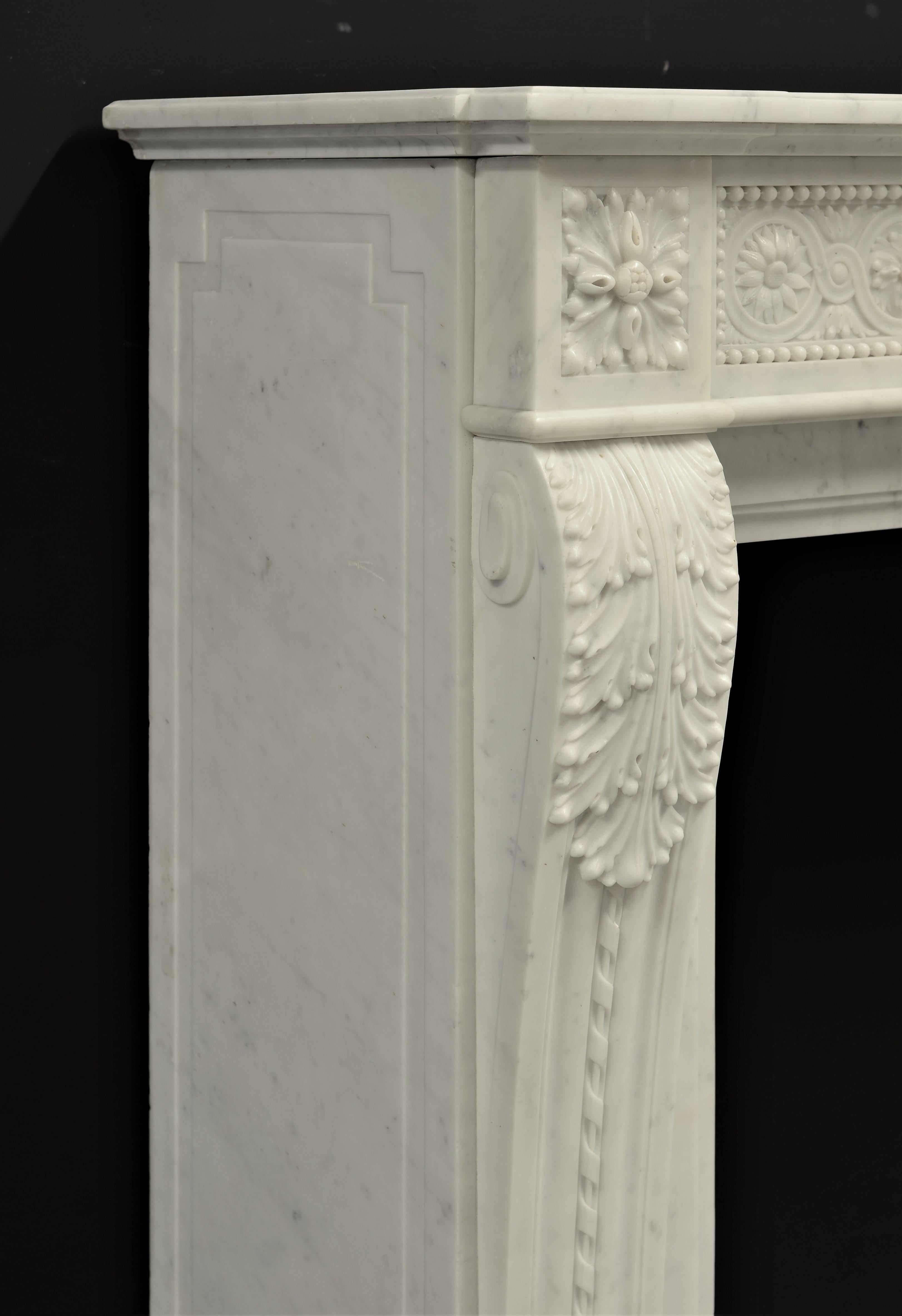 Brilliant Antique Louis XVI Style Fireplace Mantel in Carrara White Marble 13