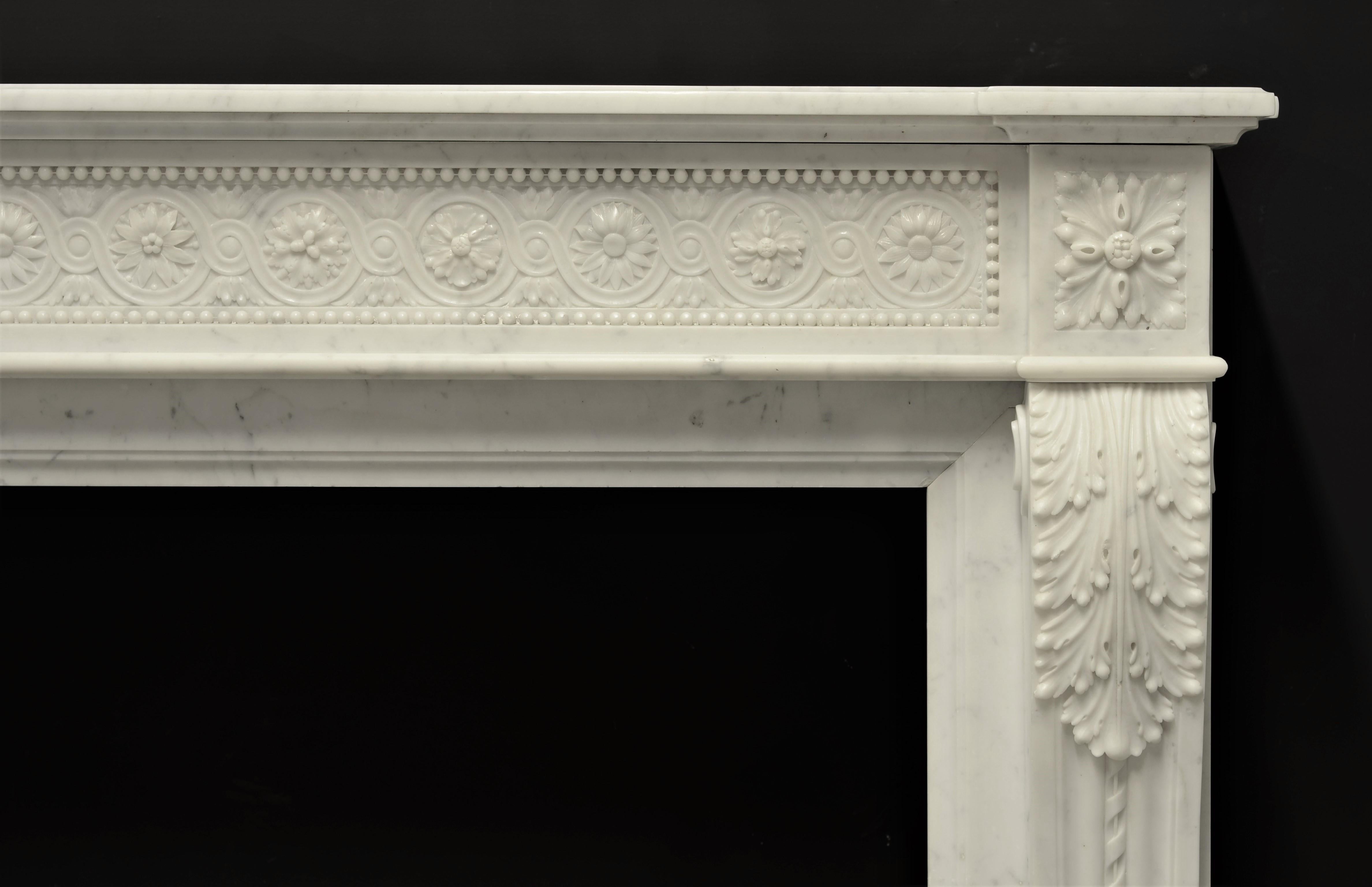 French Brilliant Antique Louis XVI Style Fireplace Mantel in Carrara White Marble