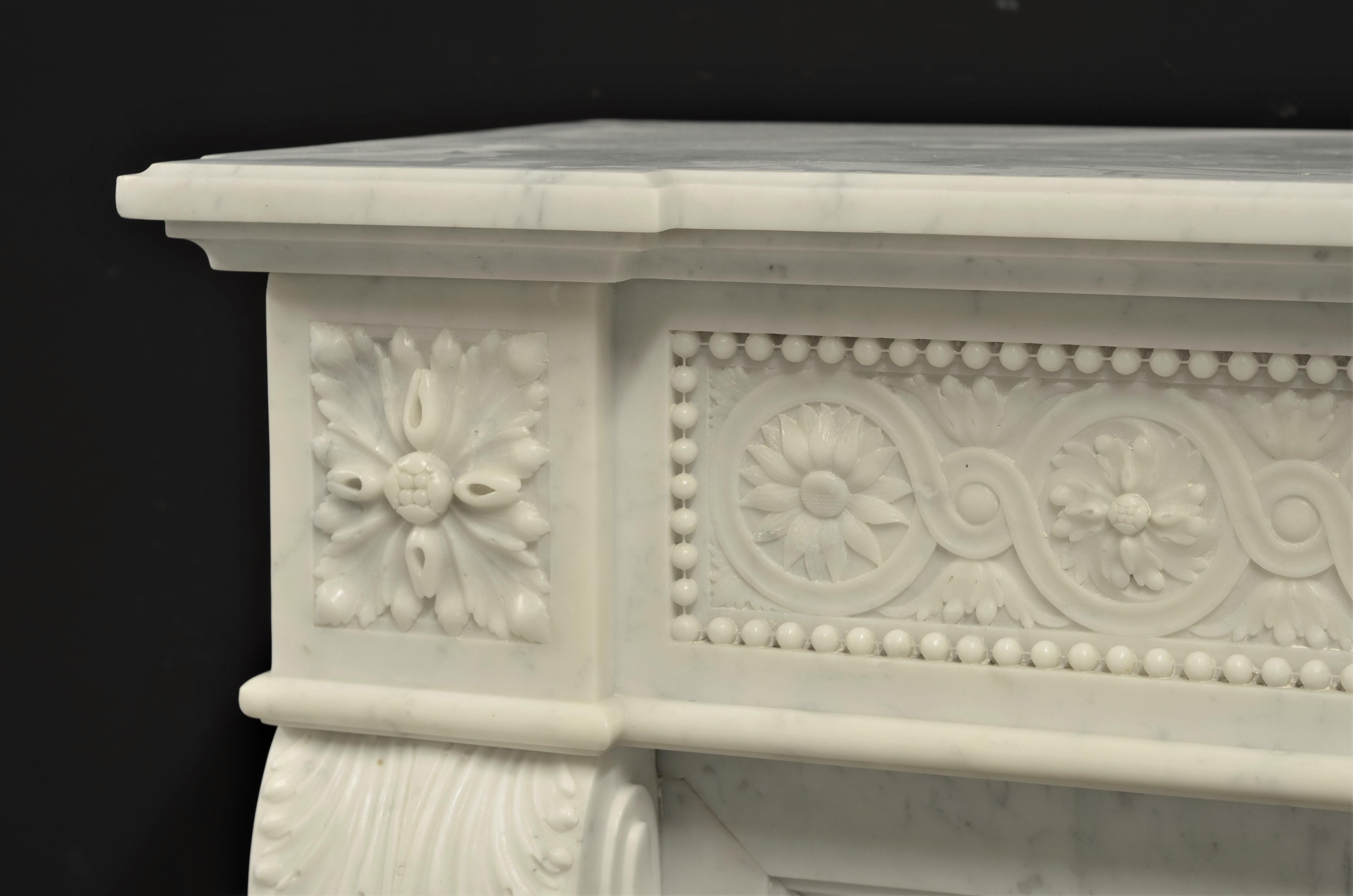 Brilliant Antique Louis XVI Style Fireplace Mantel in Carrara White Marble 3