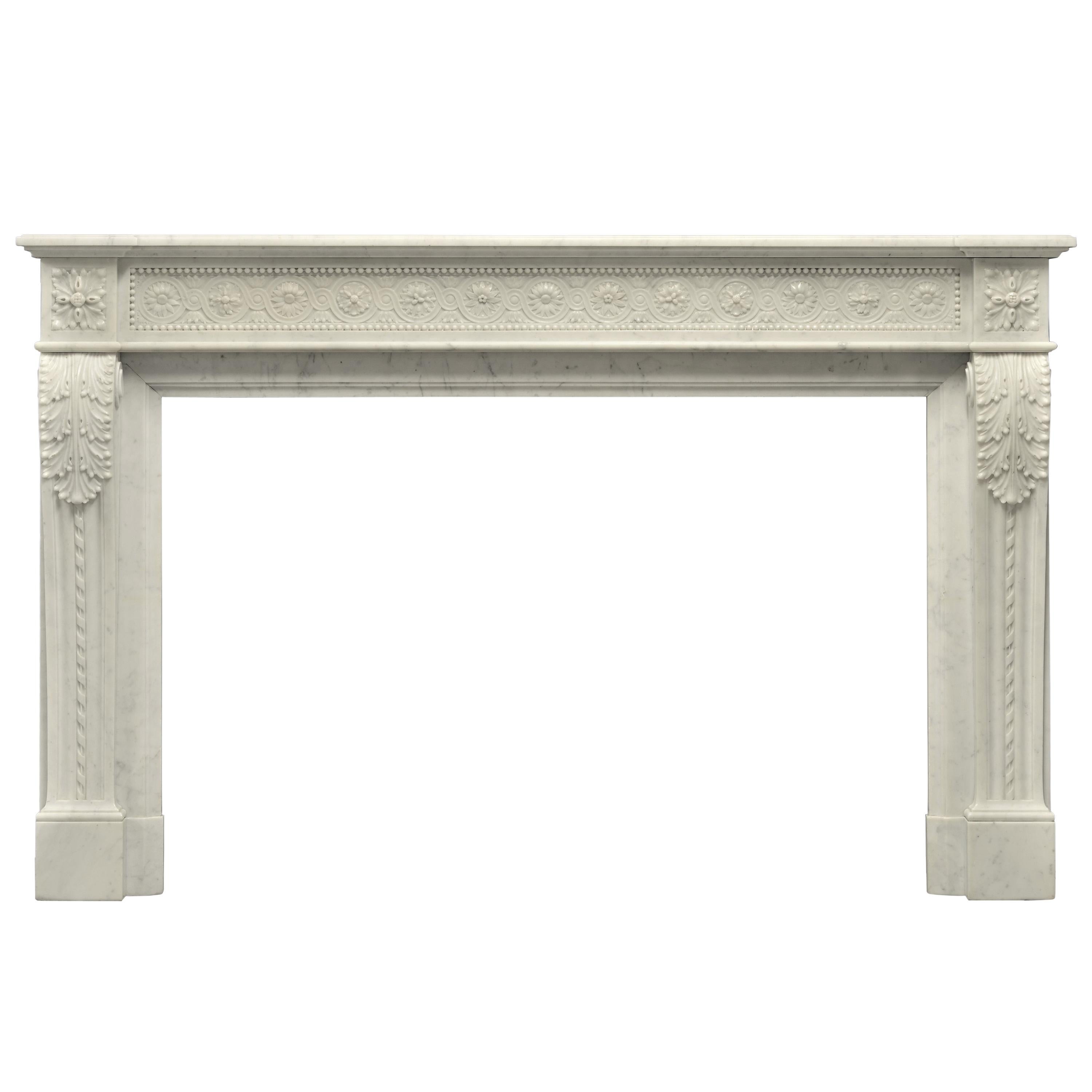 Brilliant Antique Louis XVI Style Fireplace Mantel in Carrara White Marble