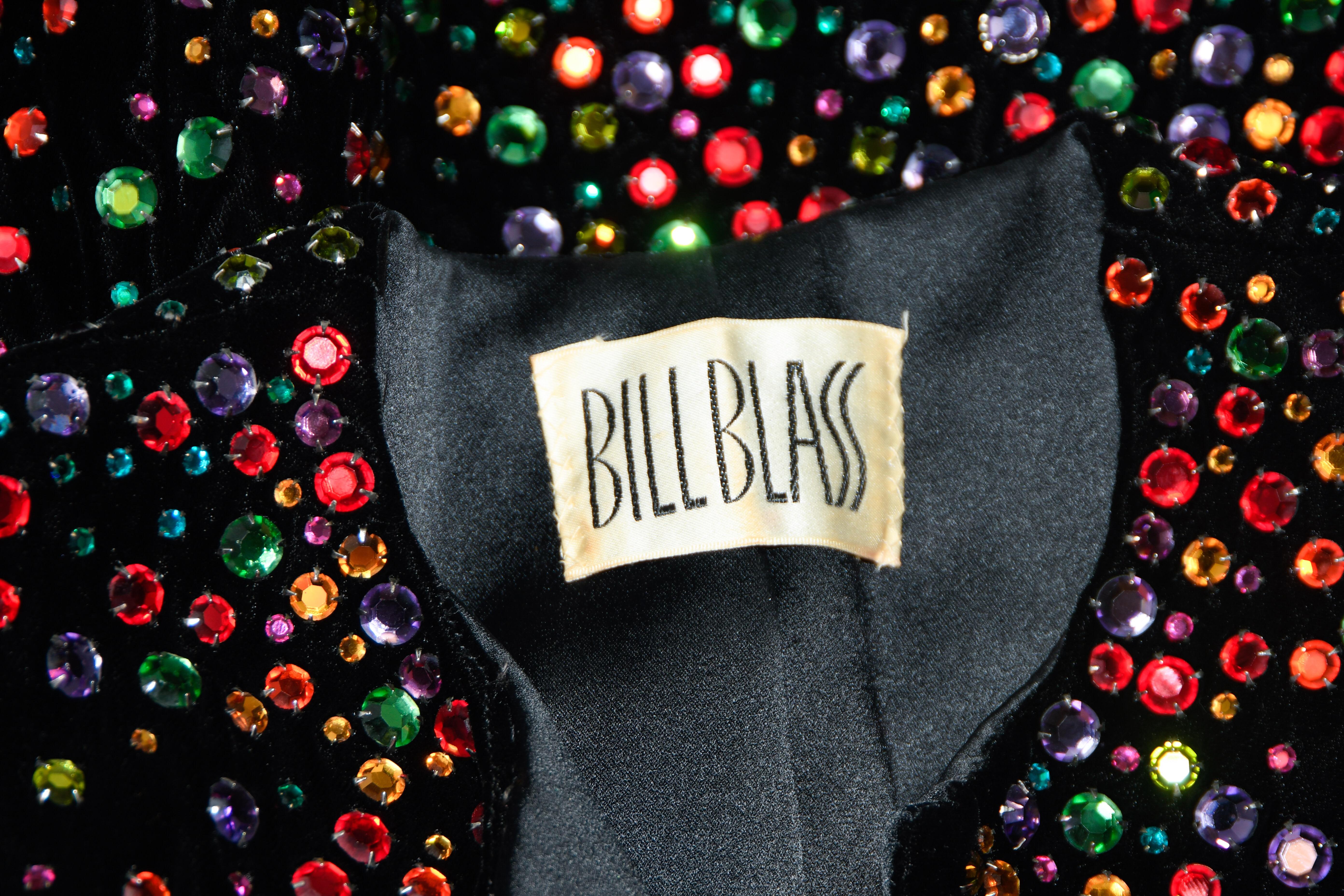 Women's Bill Blass Vintage Black Velvet Jacket Decorated Multi Color Crystals Size US 6 For Sale