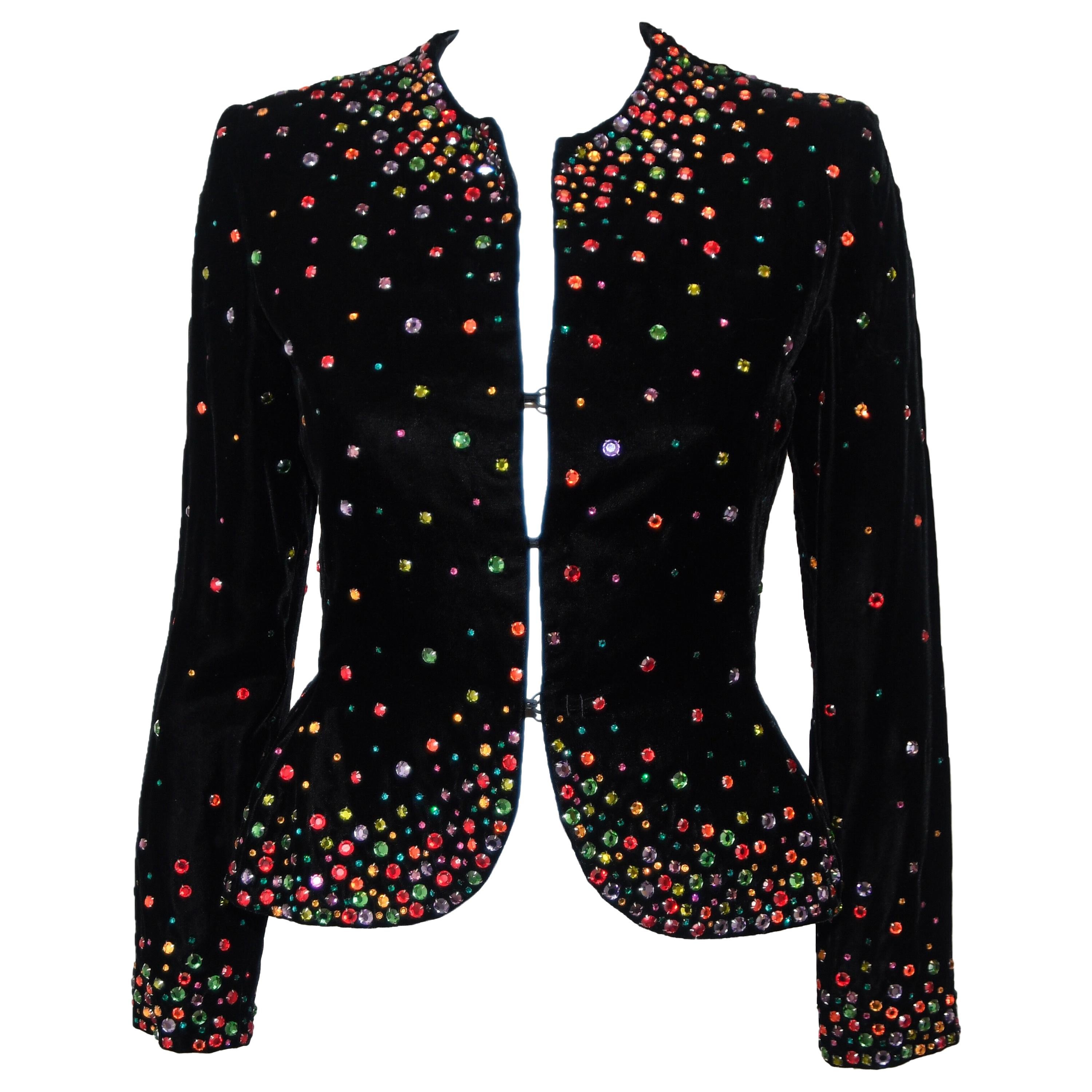 Bill Blass Vintage Black Velvet Jacket Decorated Multi Color Crystals Size US 6 For Sale