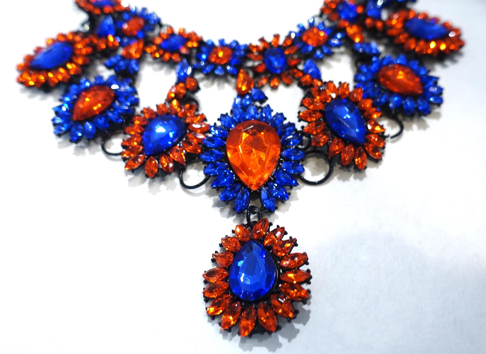 Brilliant Blue & Orange Color Crystal Bib Necklace In Good Condition For Sale In New York, NY