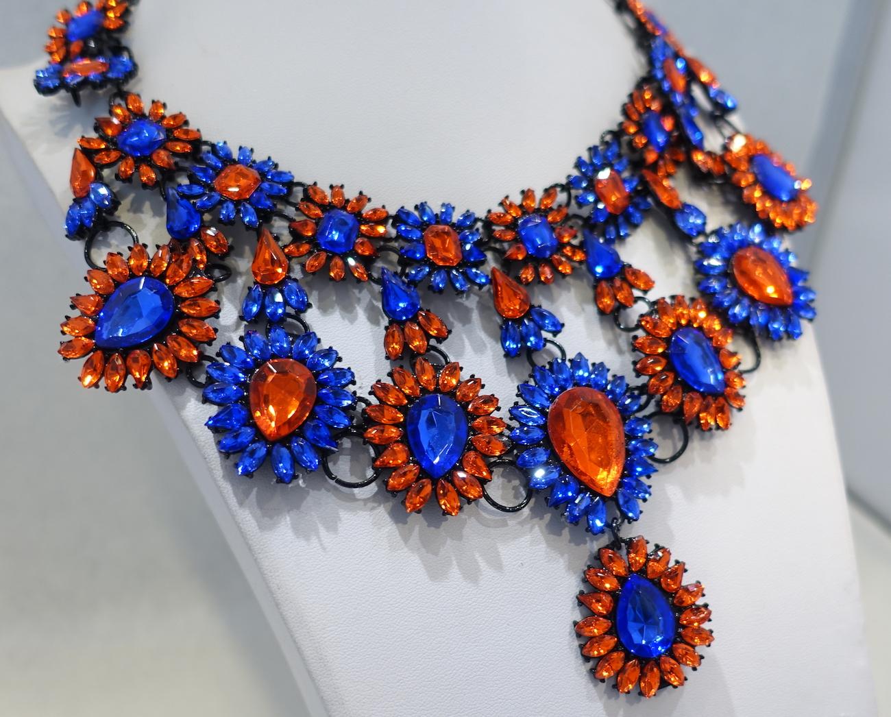 Women's Brilliant Blue & Orange Color Crystal Bib Necklace For Sale