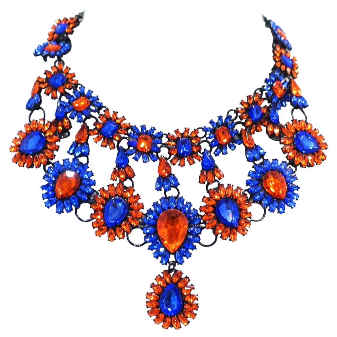 Brilliant Blue & Orange Color Crystal Bib Necklace For Sale