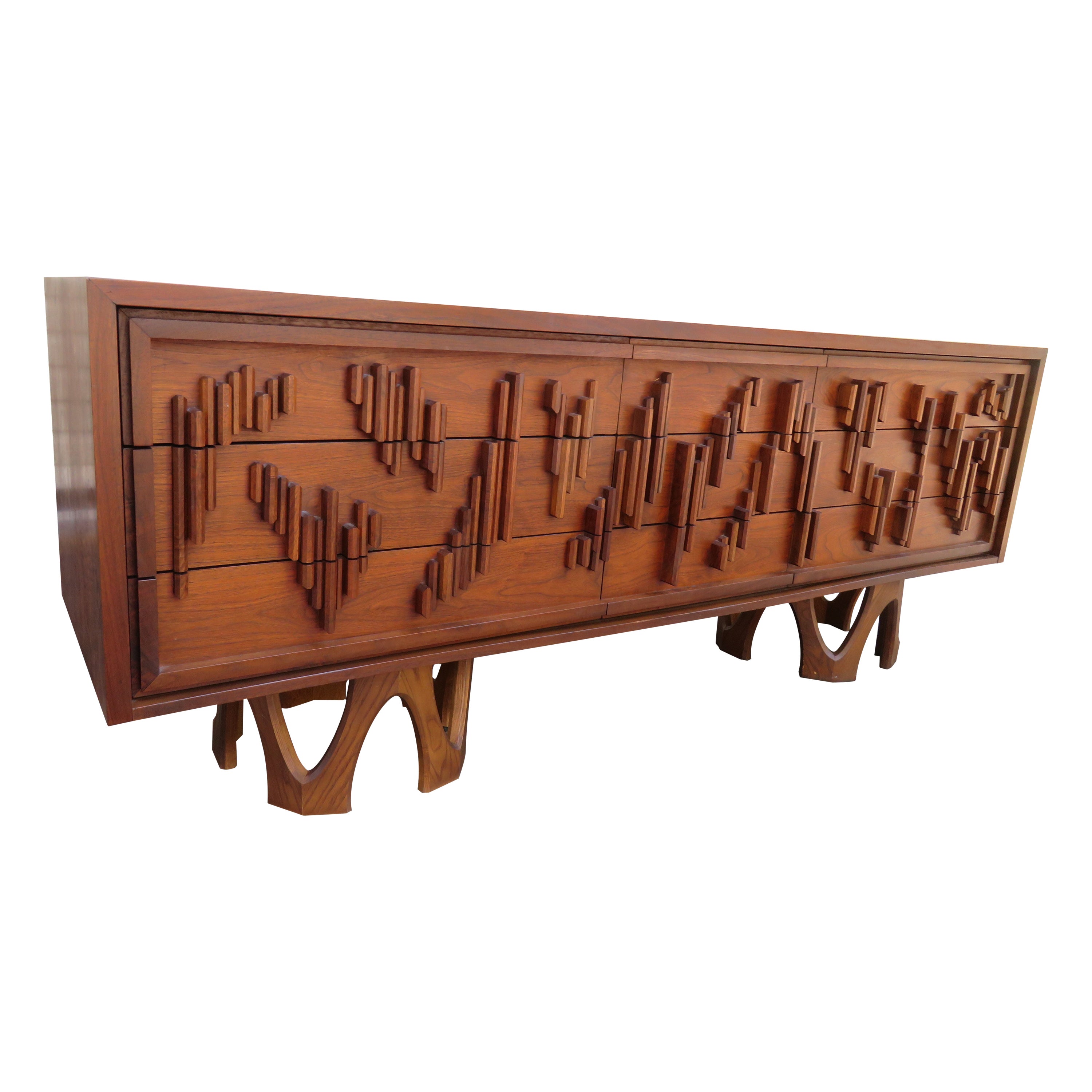 Brilliant Brutalist Walnut Pedestal Credenza Paul Evans Style Mid-Century Modern