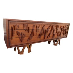 Brilliant Brutalist Walnut Pedestal Credenza Paul Evans Style Mid-Century Modern