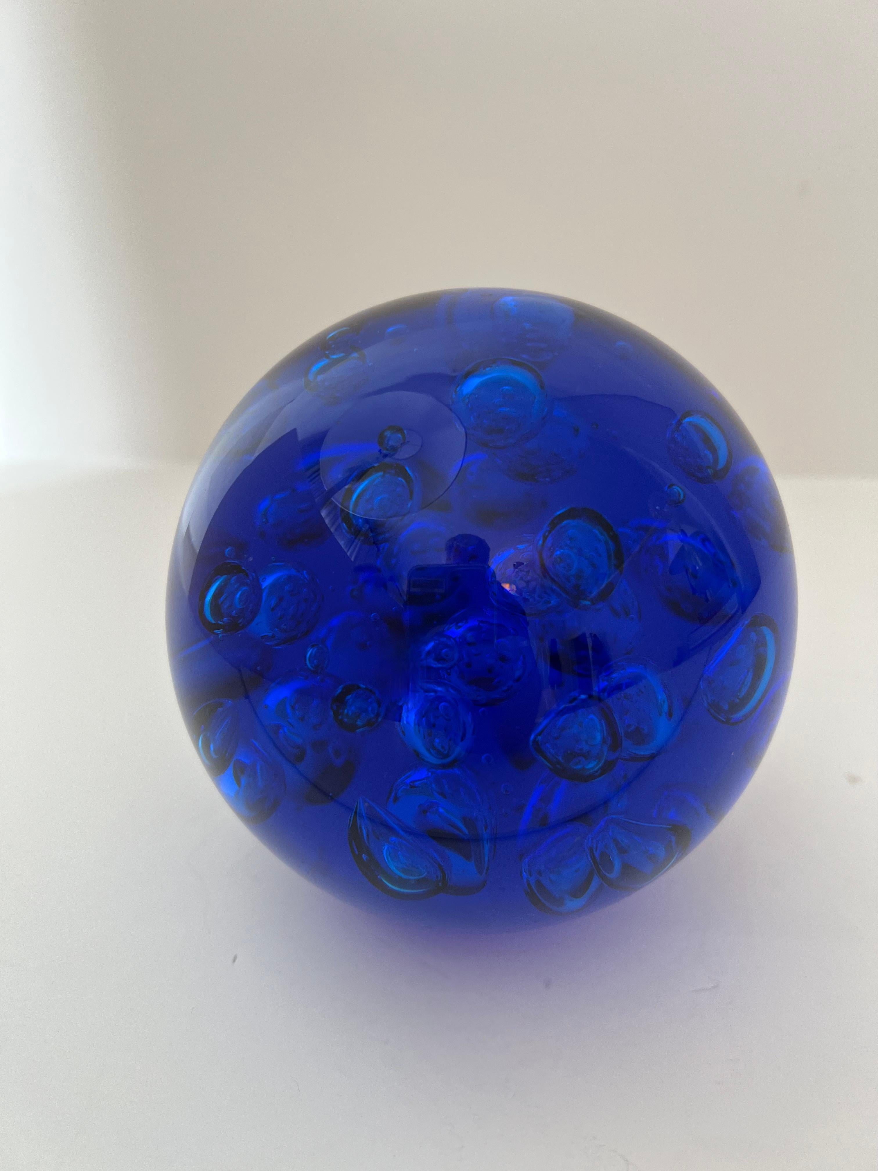 Hand-Crafted Brilliant Cobalt Blue Glass Paper Weight with Bubbles For Sale