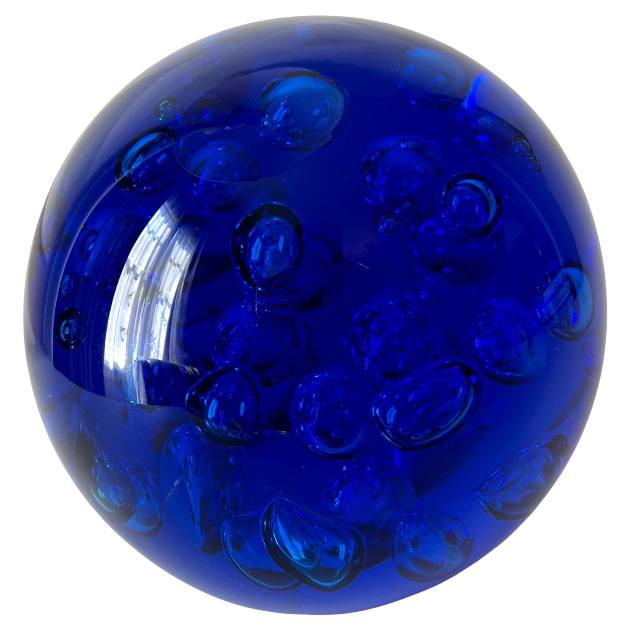 Brilliant Cobalt Blue Glass Paper Weight with Bubbles For Sale
