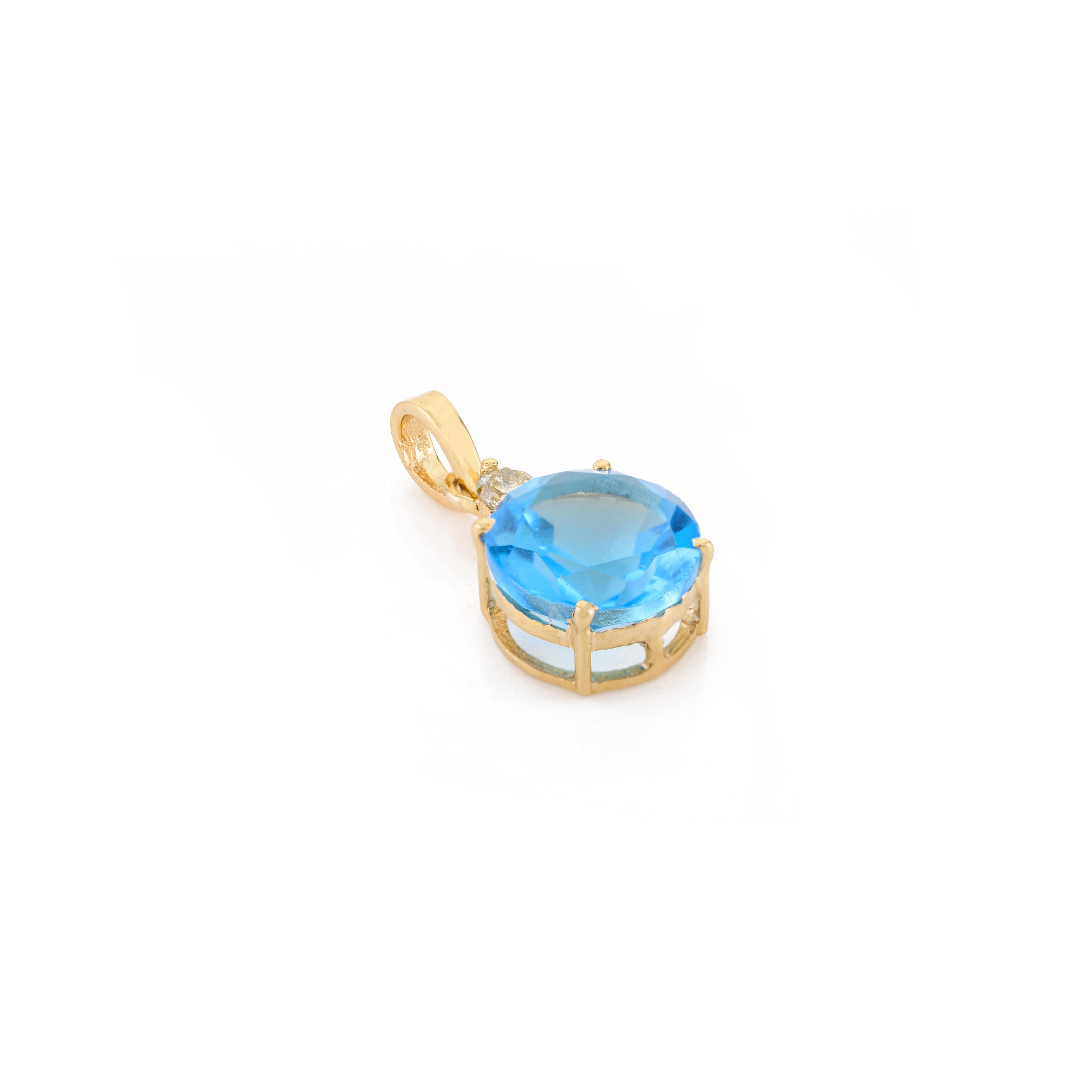 Brilliant Cut Blue Topaz Diamond Pendant Ring Earrings Set in 18k Yellow Gold For Sale 8
