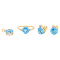 Pendientes Colgante Anillo Diamante Topacio Azul Talla Brillante Conjunto de Oro Amarillo 18k