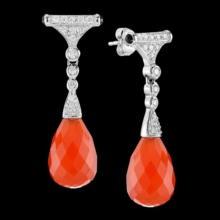 Art Deco Brilliant Cut Carnelian Onyx Diamond Drop Earrings