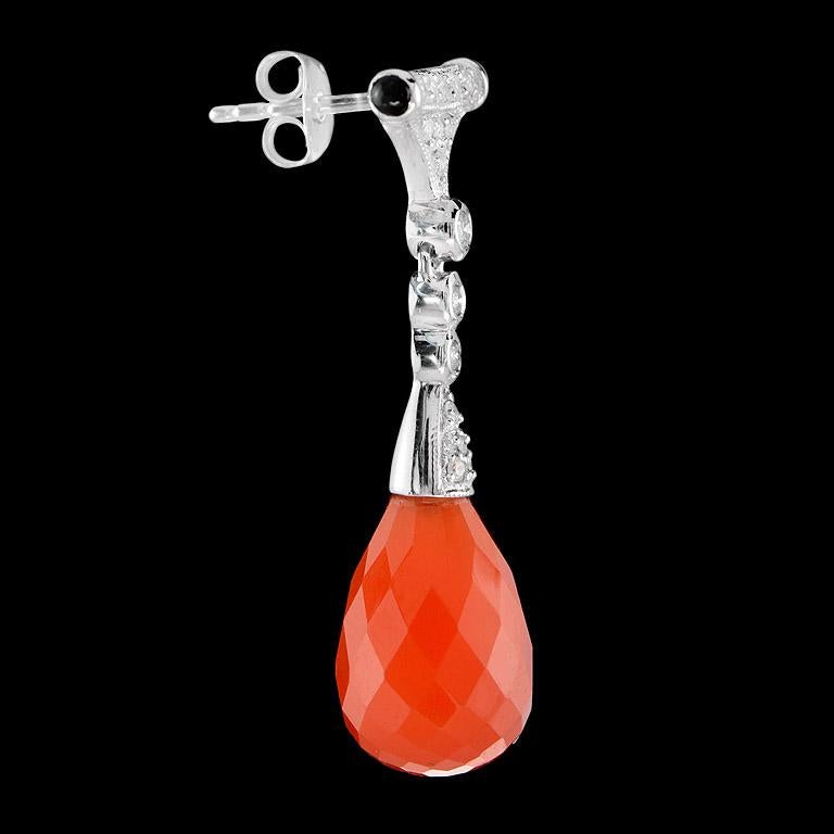 Round Cut Brilliant Cut Carnelian Onyx Diamond Drop Earrings