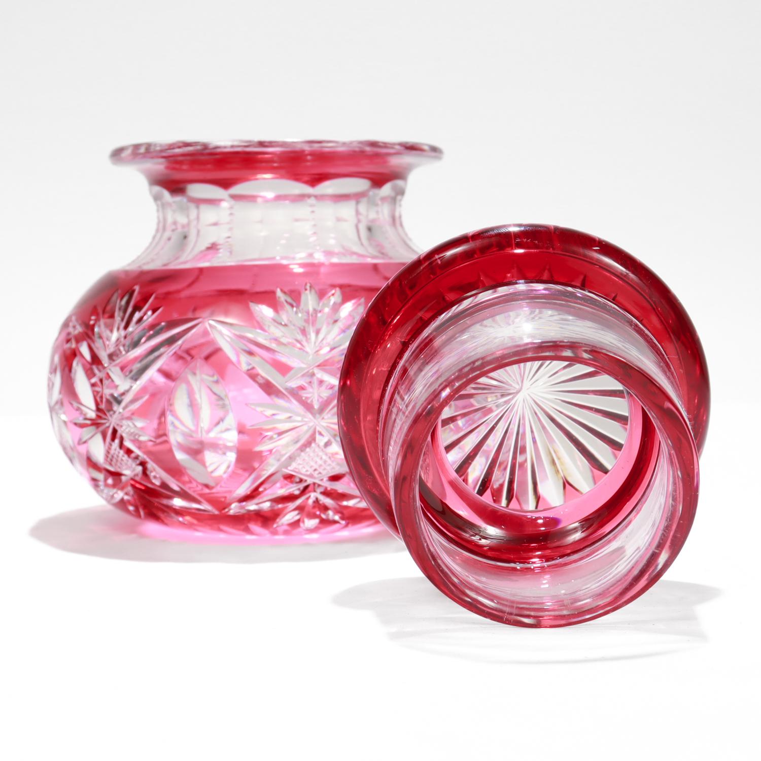 Brilliant Cut Cranberry Cut to Clear Glass Jar attributed to Val St. Lambert For Sale 5