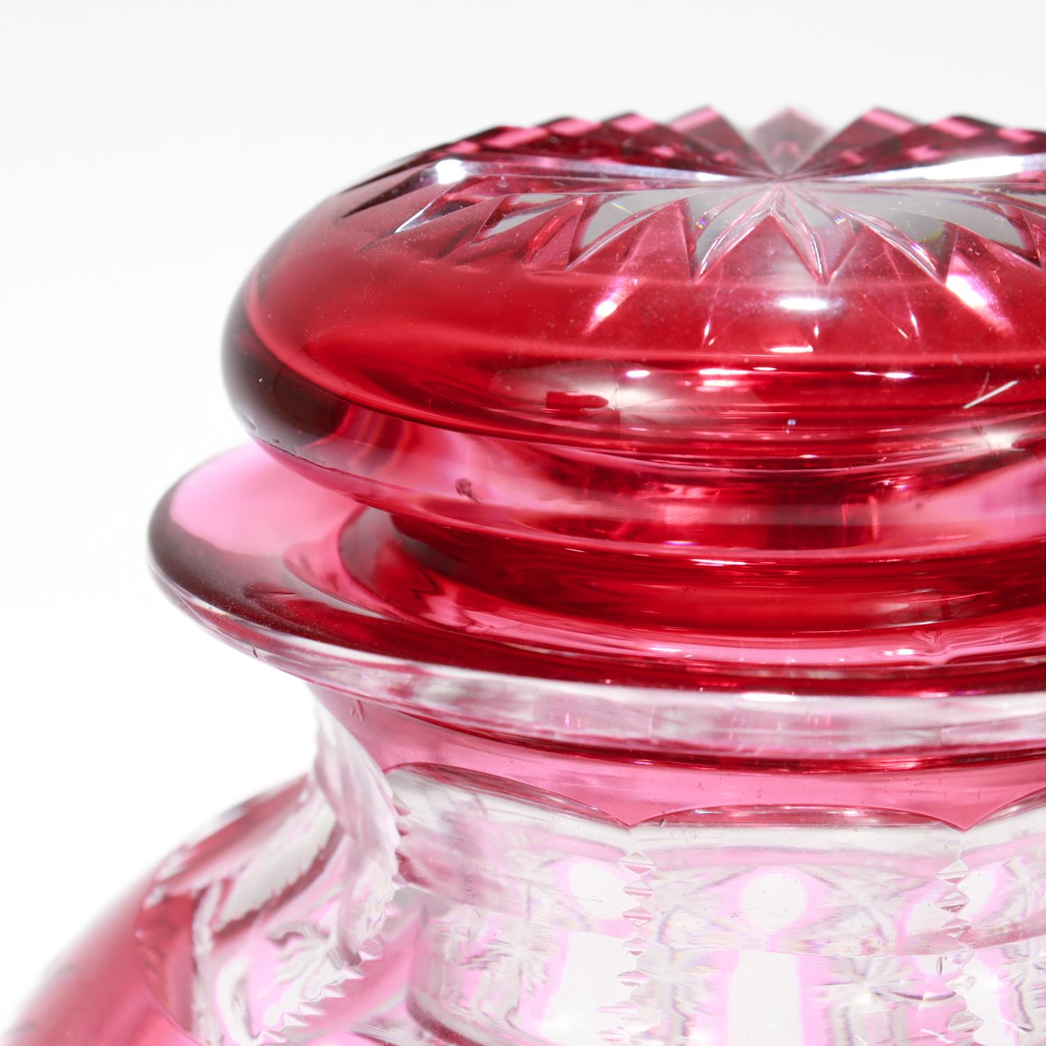 Brilliant Cut Cranberry Cut to Clear Glass Jar attributed to Val St. Lambert For Sale 7