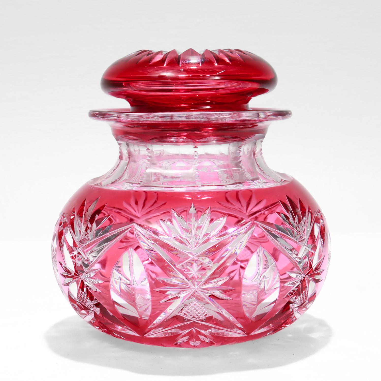 Belgian Brilliant Cut Cranberry Cut to Clear Glass Jar attributed to Val St. Lambert For Sale