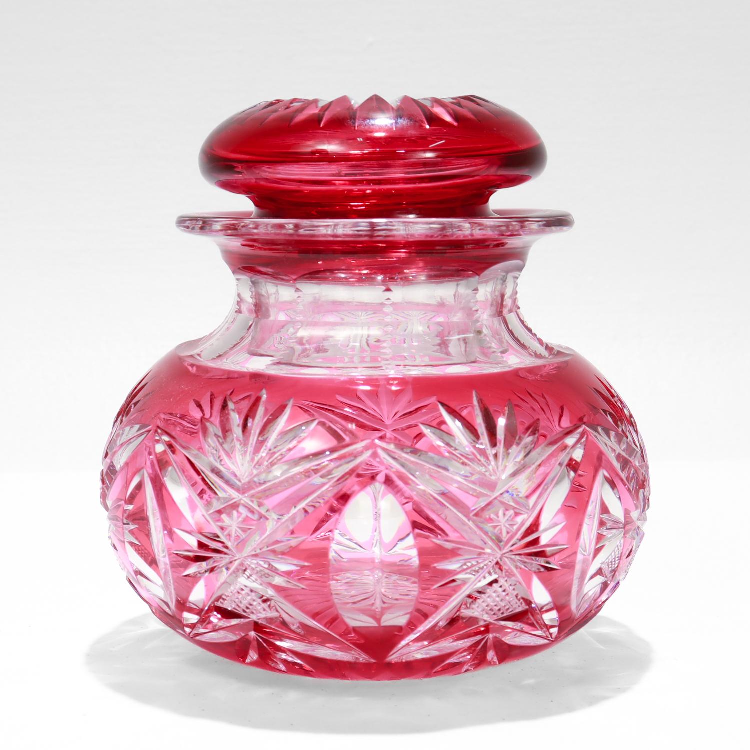 Brilliant Cut Cranberry Cut to Clear Glass Jar attributed to Val St. Lambert In Good Condition For Sale In Philadelphia, PA
