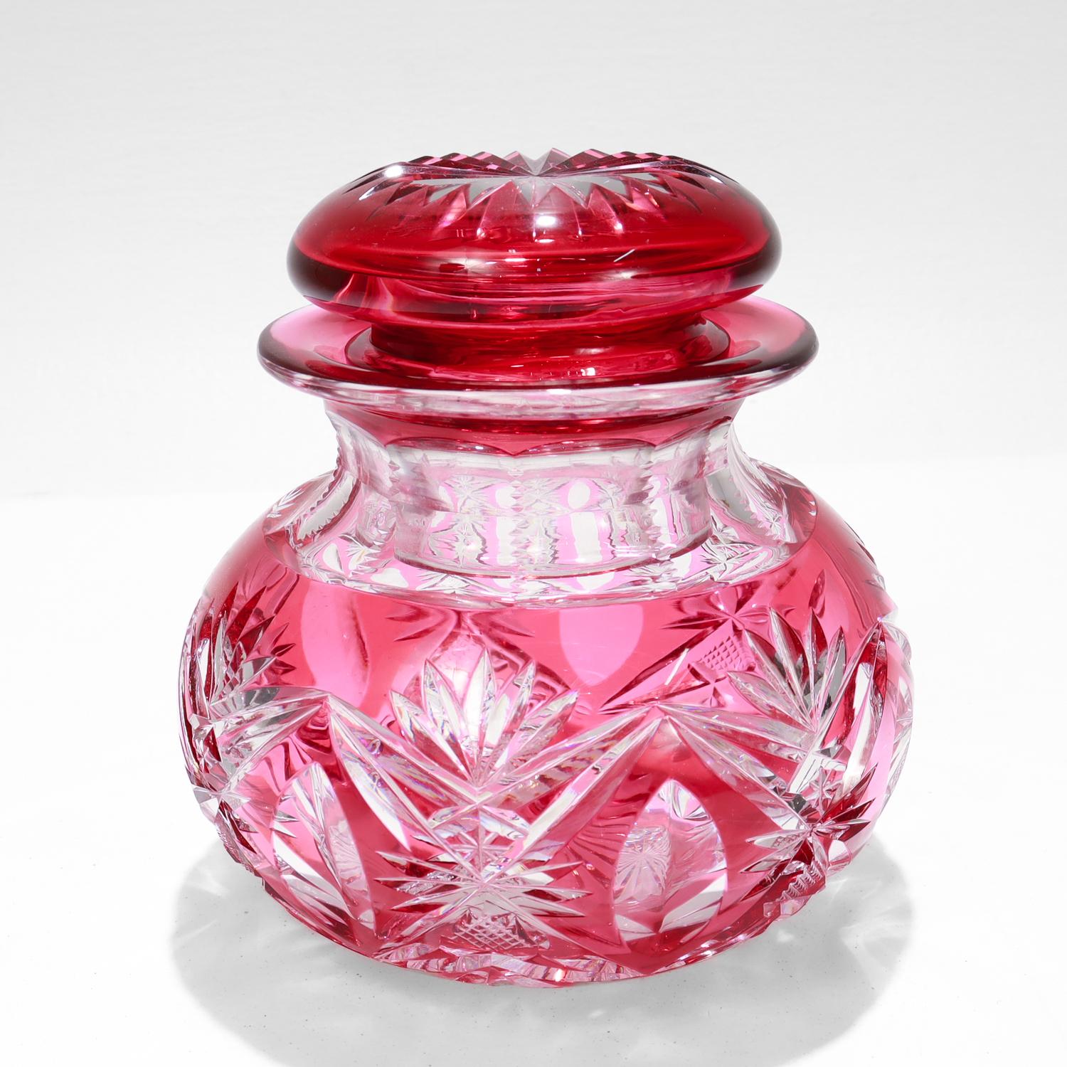 20th Century Brilliant Cut Cranberry Cut to Clear Glass Jar attributed to Val St. Lambert For Sale