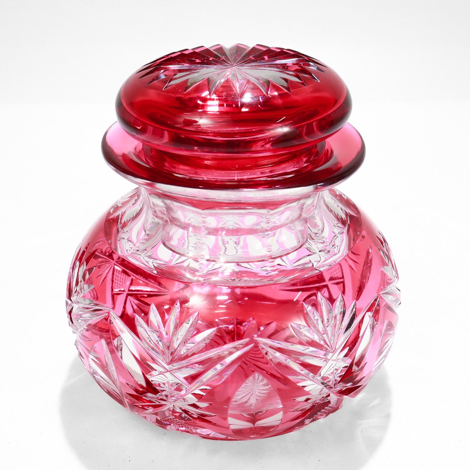 Art Glass Brilliant Cut Cranberry Cut to Clear Glass Jar attributed to Val St. Lambert For Sale