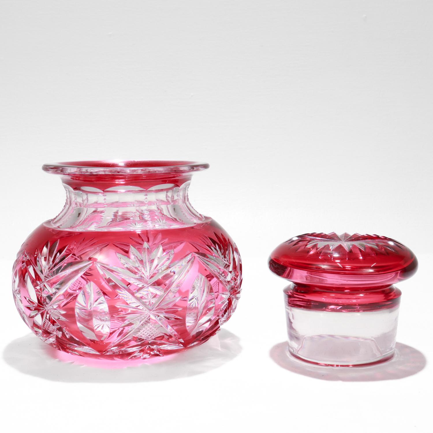 Brilliant Cut Cranberry Cut to Clear Glass Jar attributed to Val St. Lambert For Sale 3