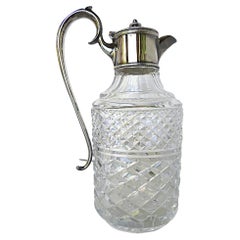 Brocca d'epoca in cristallo a taglio brillante e placca d'argento attr. Waterford anni '70