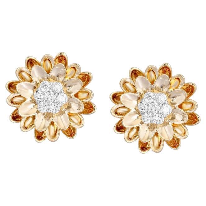 Brilliant Cut Diamond 14K (or 18k upon request) Yellow Gold Flower Stud Earrings