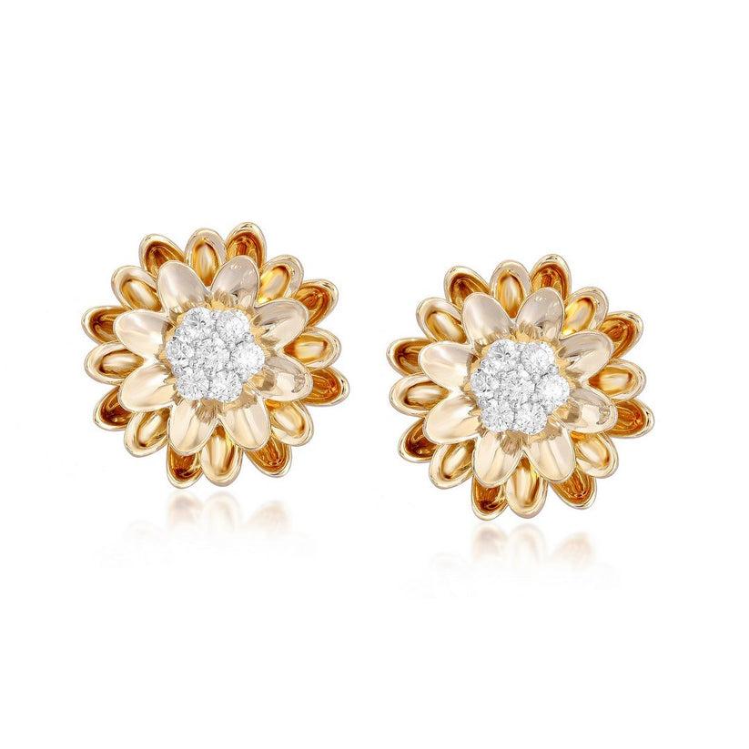 Moderno Brilliant Cut Diamond 14K Yellow Gold Flower Stud Earrings in vendita