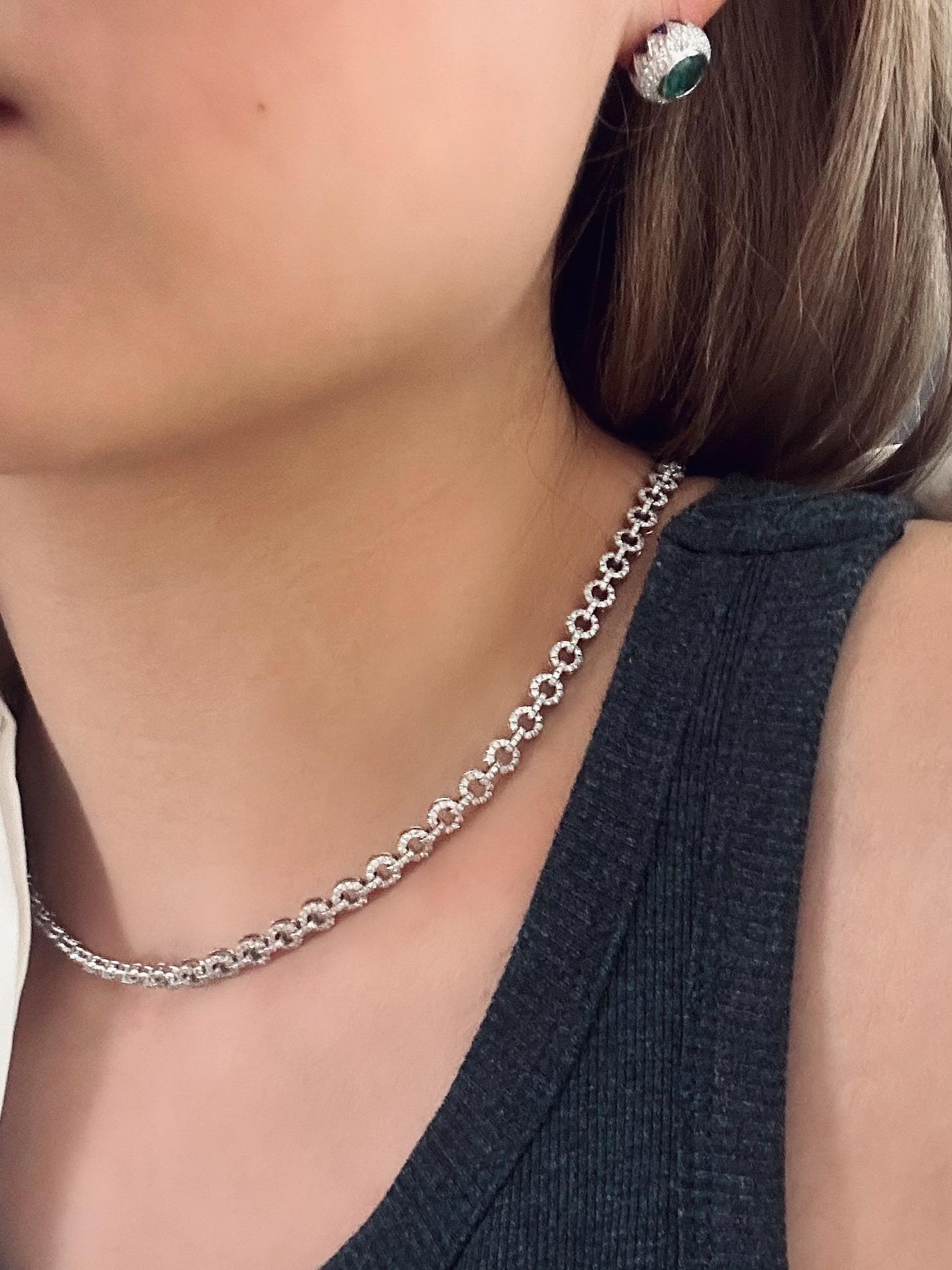 A new take on the diamond tennis necklace stack - wear yours alone or with your existing necklace layers - of curb chains, tennis necklaces etc. Comes in 17 inch and 20 inch versions. Other lengths are available for pre order. Diamond links go all