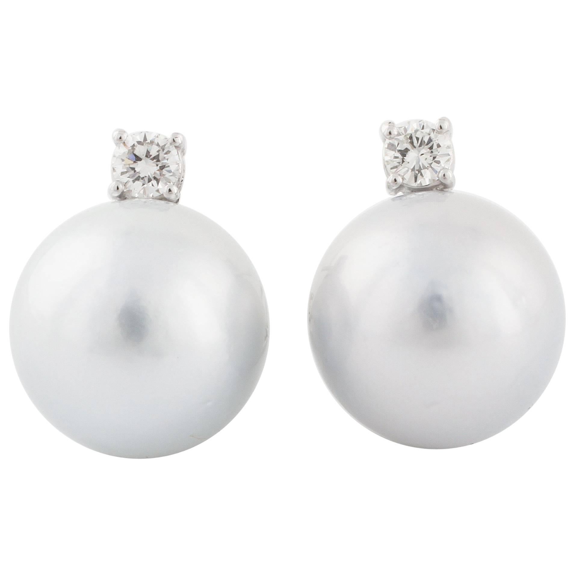 Brilliant Cut Diamond Cultured Pearl Earrings For Sale