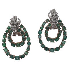 Brilliant Cut Diamond Emerald 18 Carats Yellow White Gold Earrings