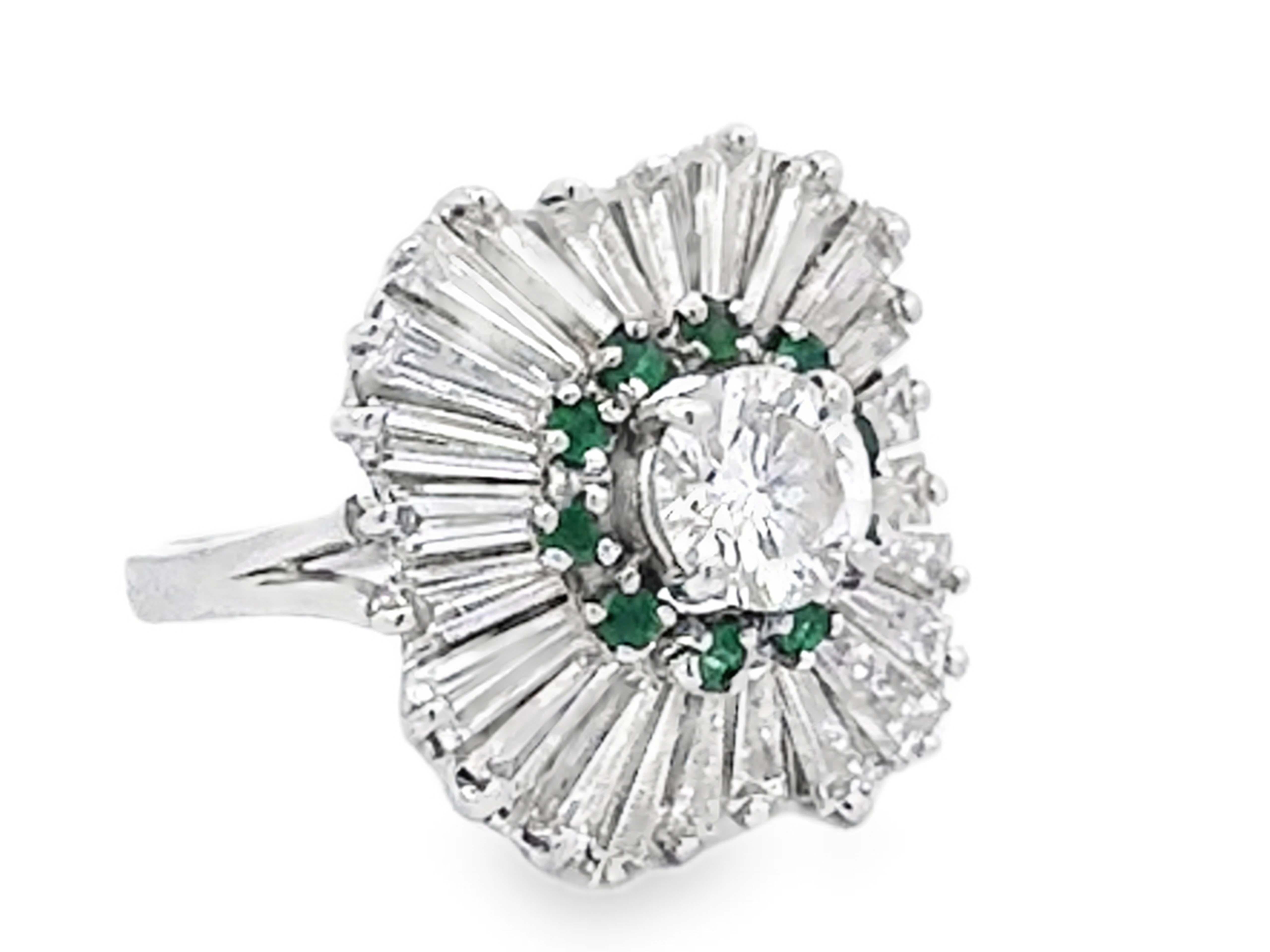 Brilliant Cut Diamond Emerald Halo Baguette Ballerina Ring in Platinum In Excellent Condition For Sale In Honolulu, HI