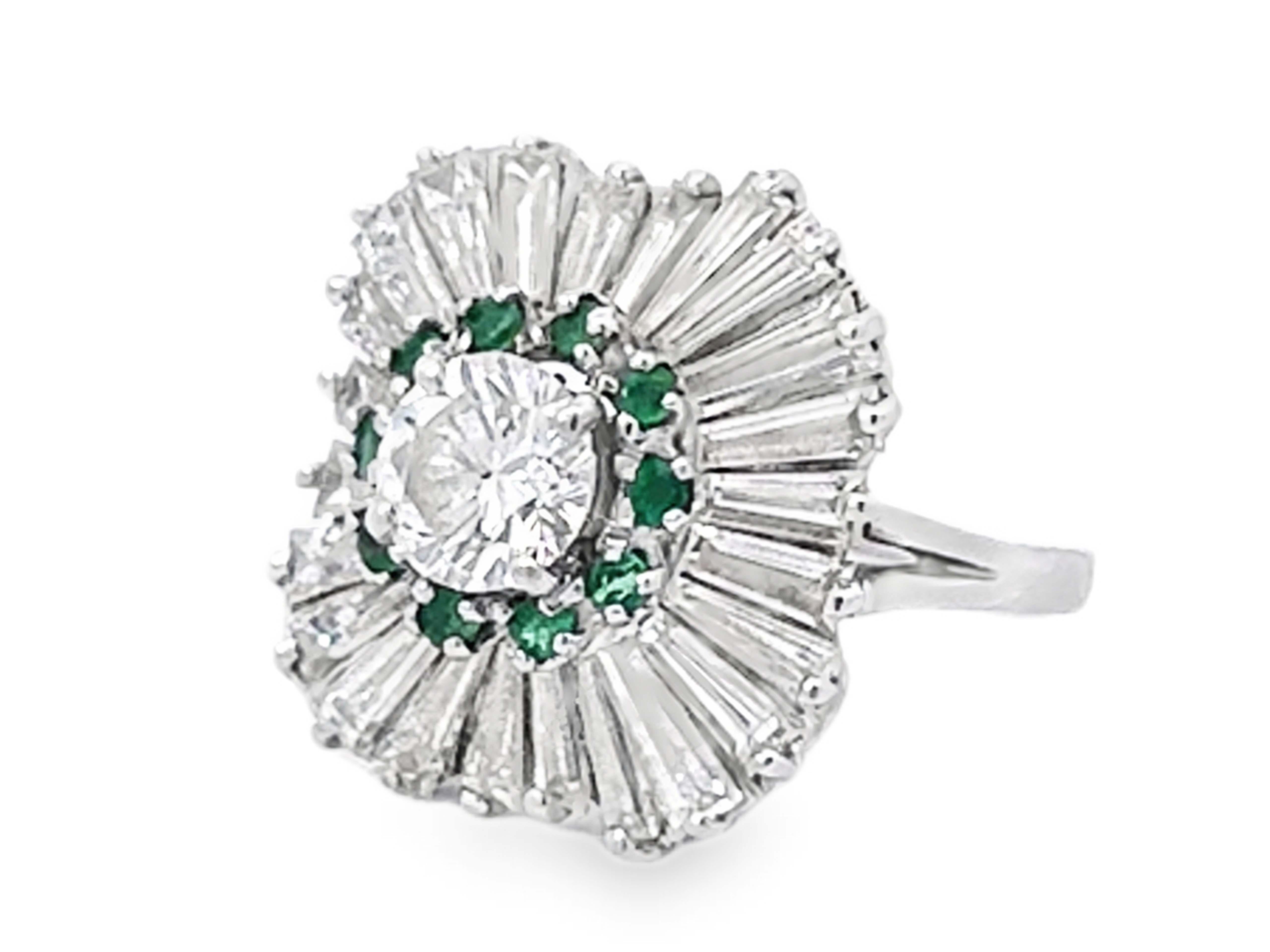 Women's or Men's Brilliant Cut Diamond Emerald Halo Baguette Ballerina Ring in Platinum For Sale