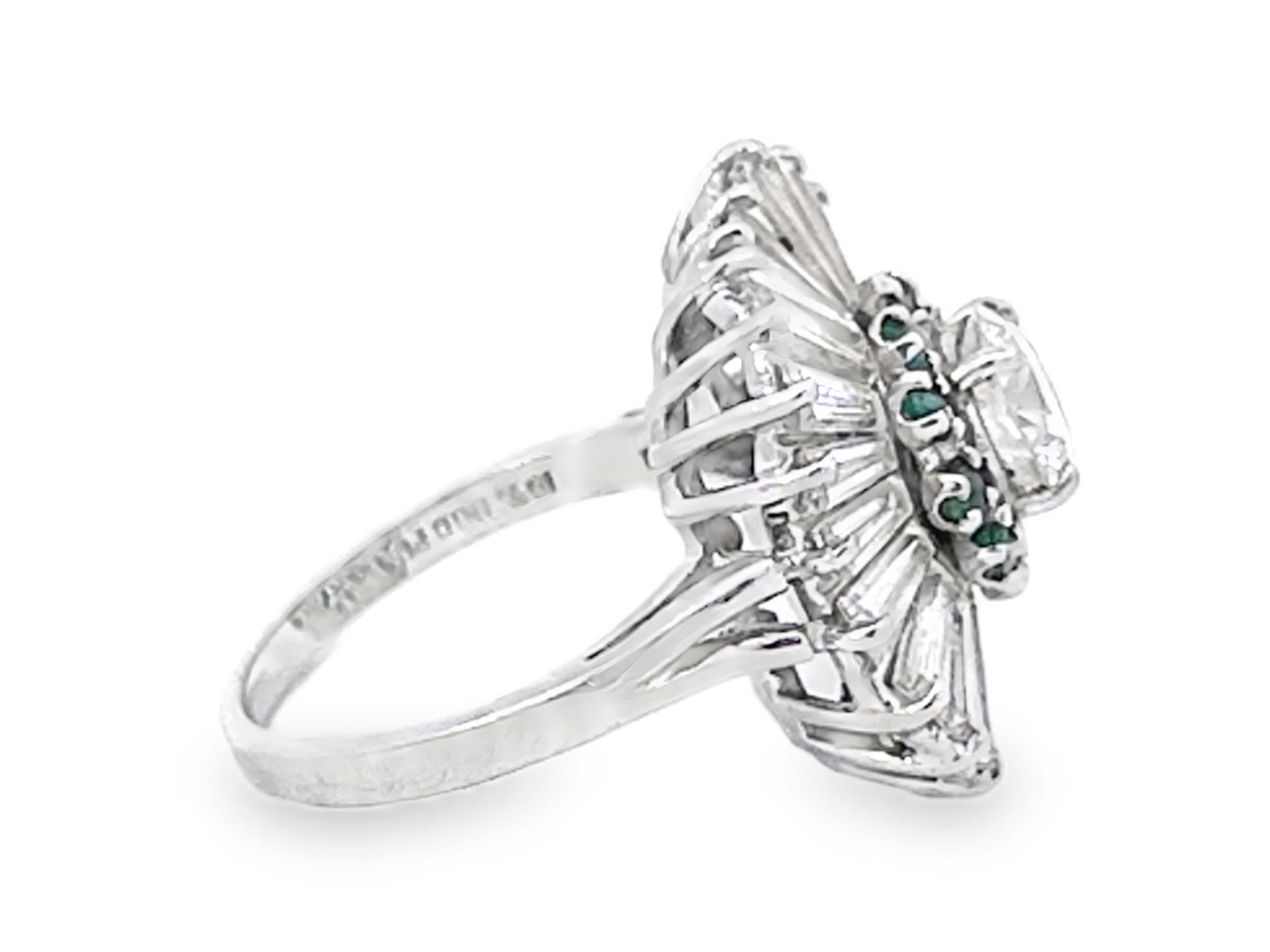 Brilliant Cut Diamond Emerald Halo Baguette Ballerina Ring in Platinum For Sale 1