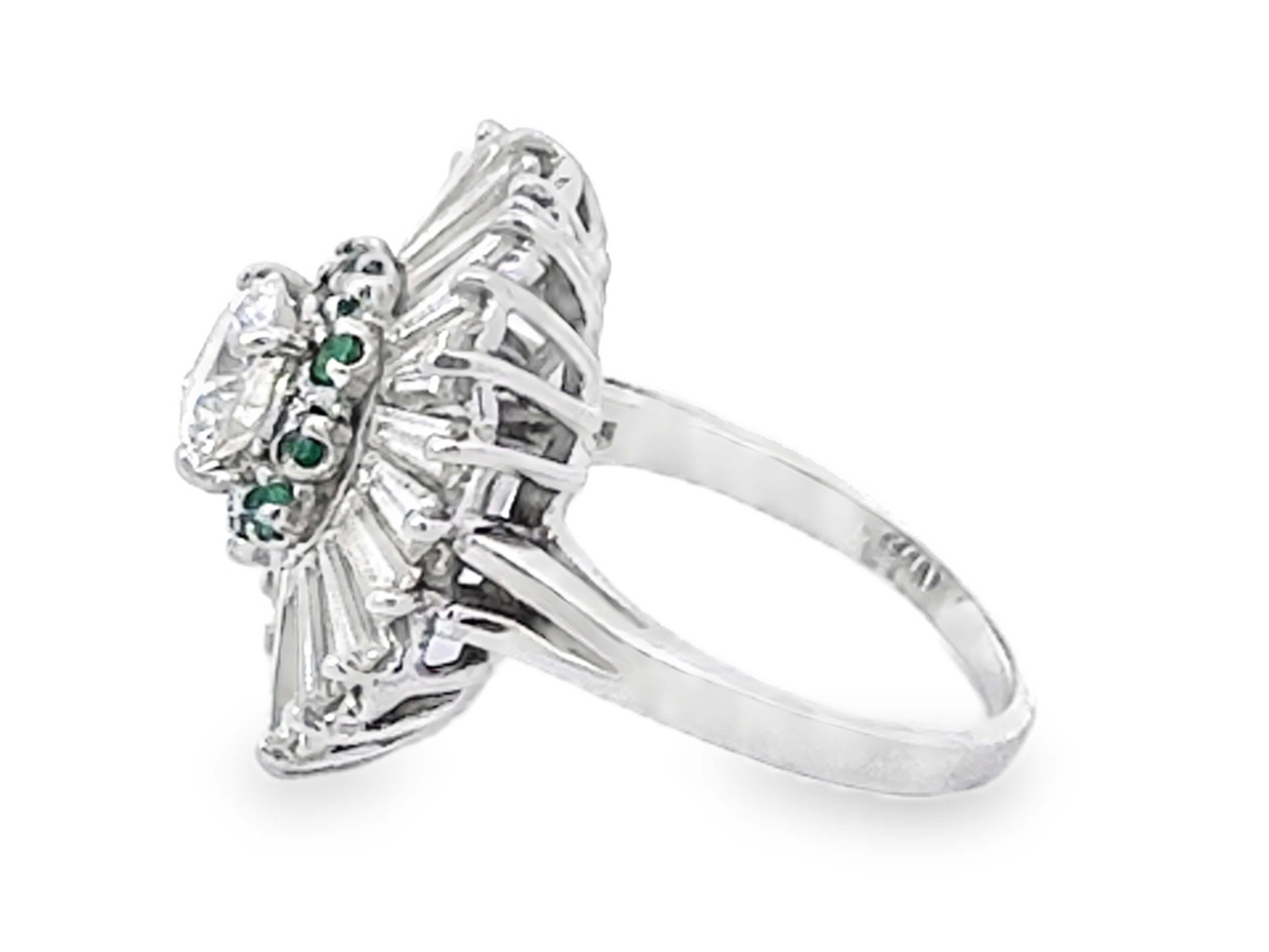 Brilliant Cut Diamond Emerald Halo Baguette Ballerina Ring in Platinum For Sale 2