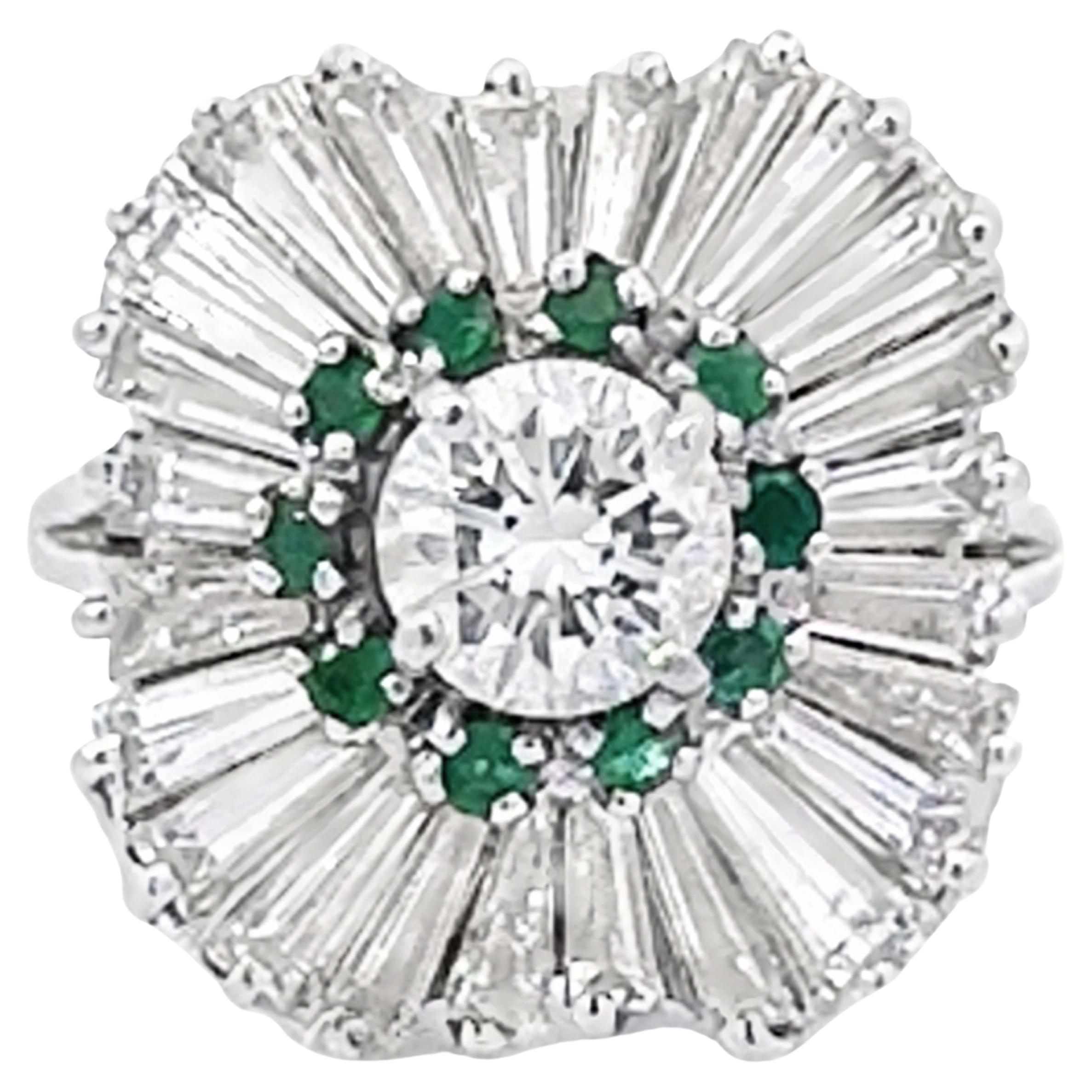 Brilliant Cut Diamond Emerald Halo Baguette Ballerina Ring in Platinum