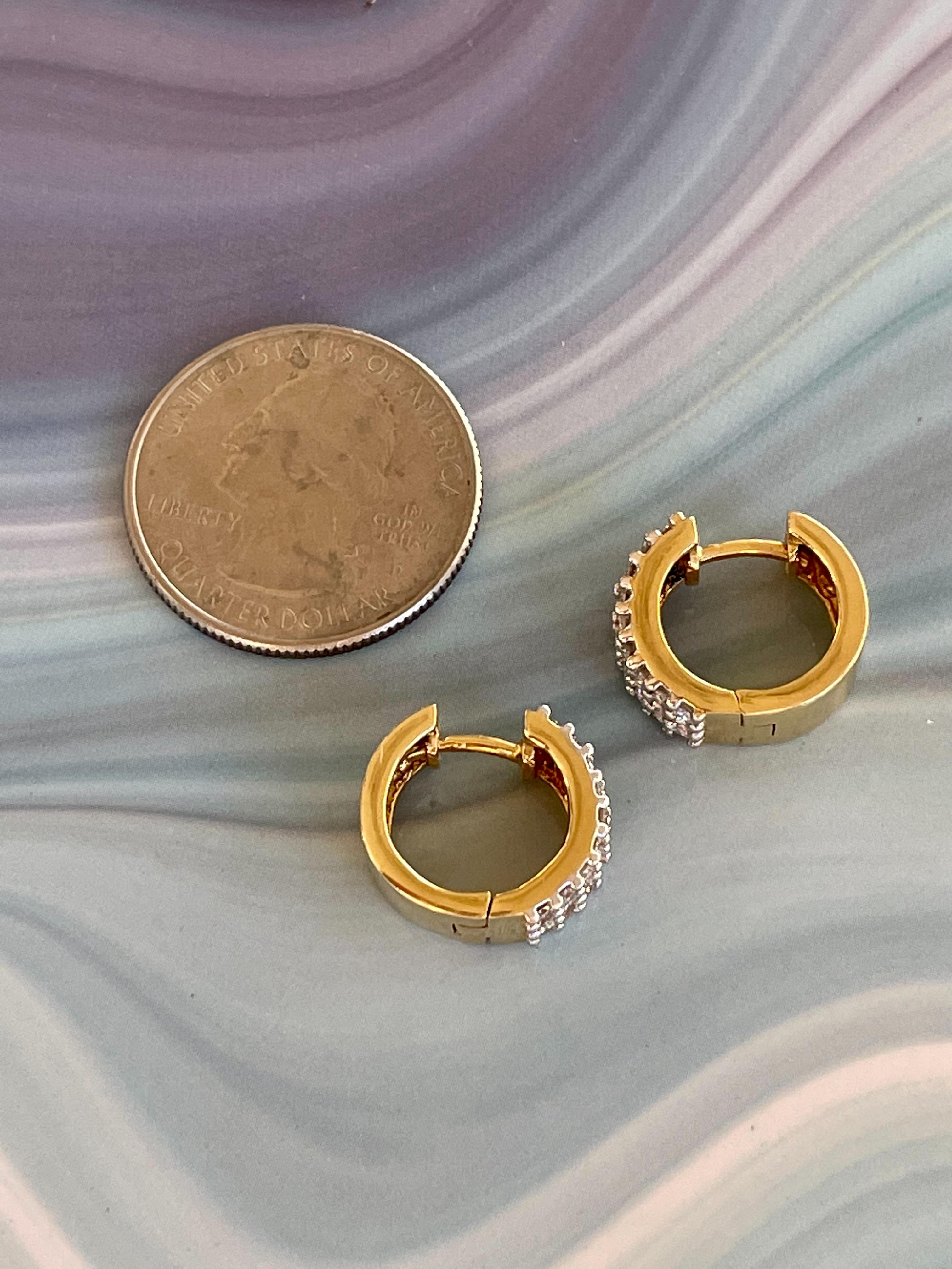 Brilliant Cut Diamond Huggy Style Hoop 14 Karat Yellow Gold Pierced Earrings For Sale 1