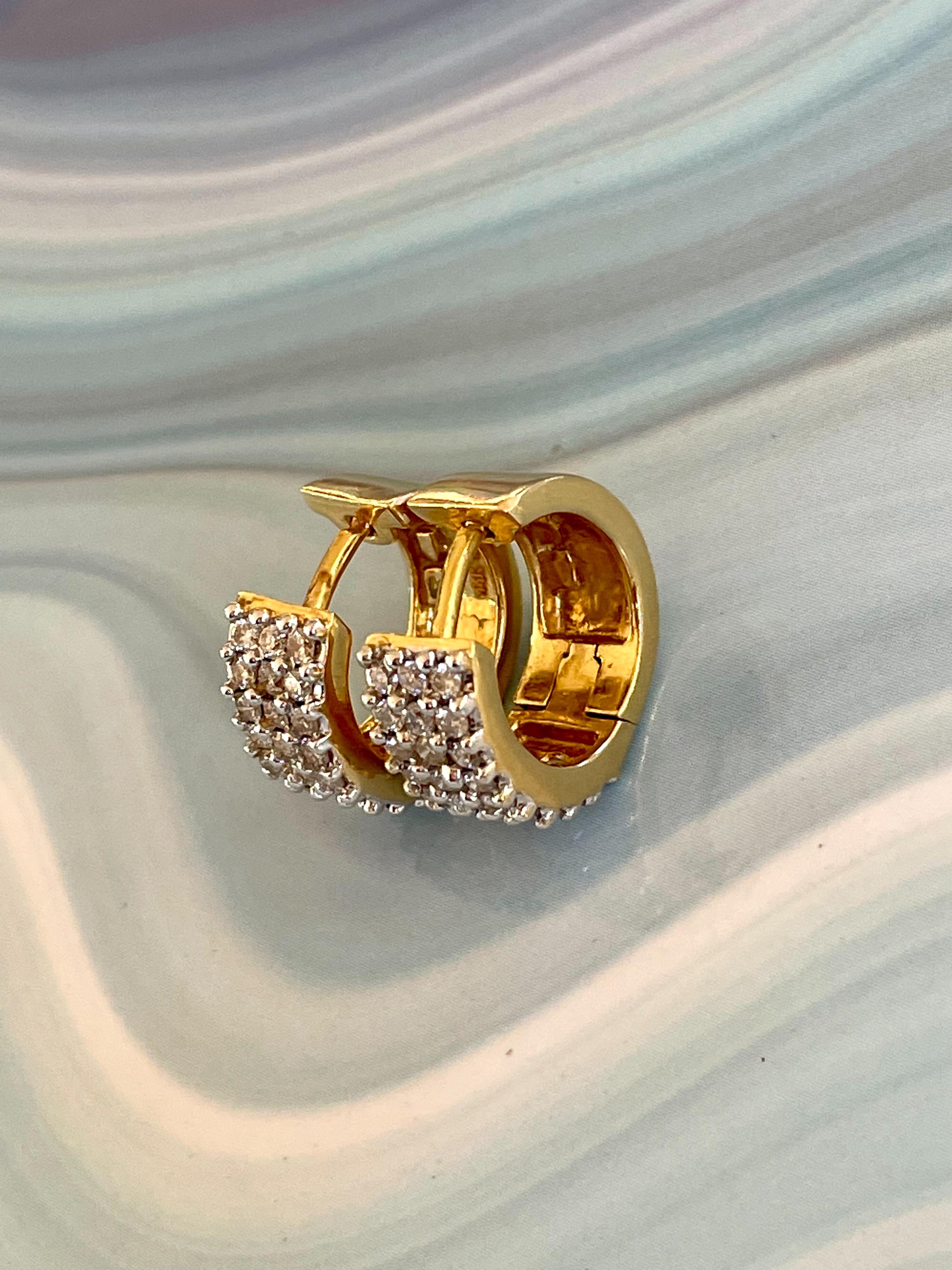 Brilliant Cut Diamond Huggy Style Hoop 14 Karat Yellow Gold Pierced Earrings For Sale 2