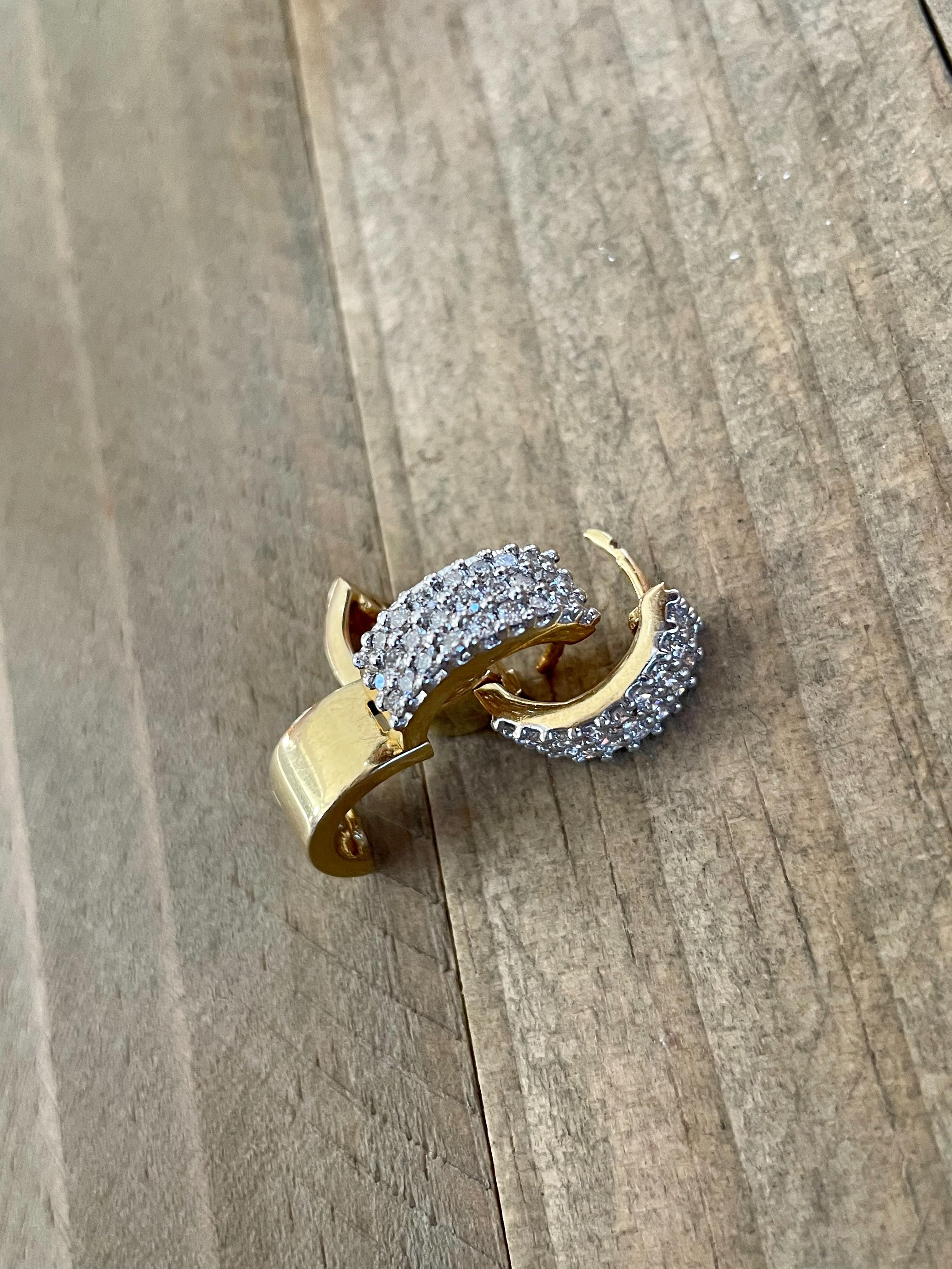 Brilliant Cut Diamond Huggy Style Hoop 14 Karat Yellow Gold Pierced Earrings For Sale 4