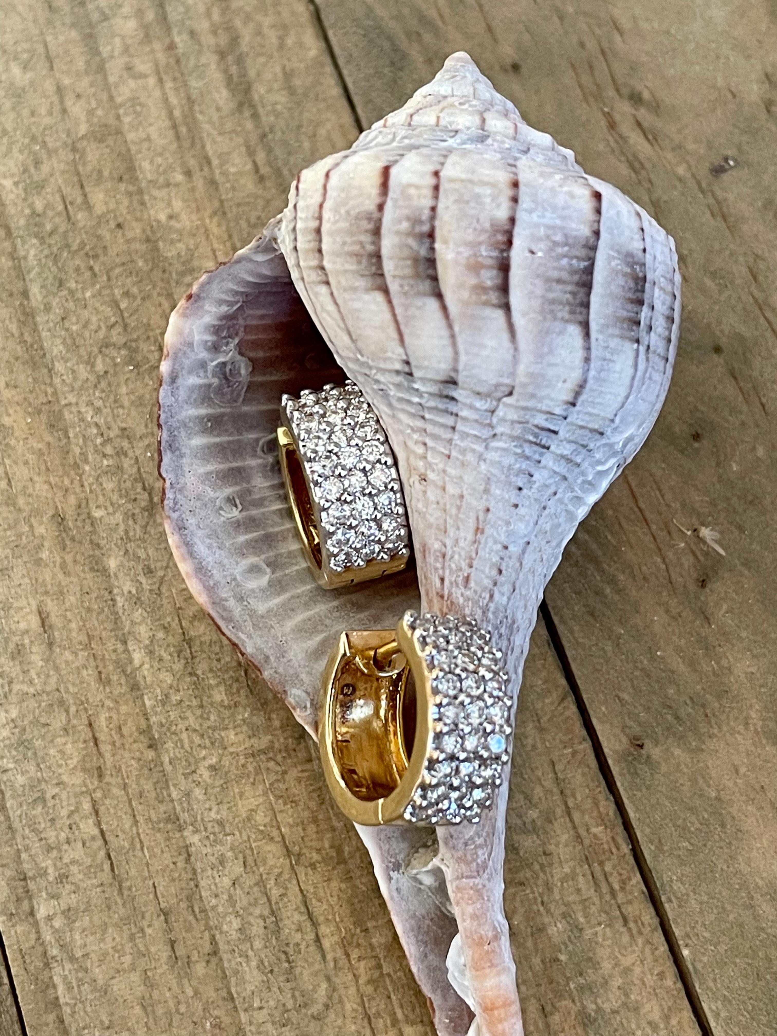 Brilliant Cut Diamond Huggy Style Hoop 14 Karat Yellow Gold Pierced Earrings For Sale 5