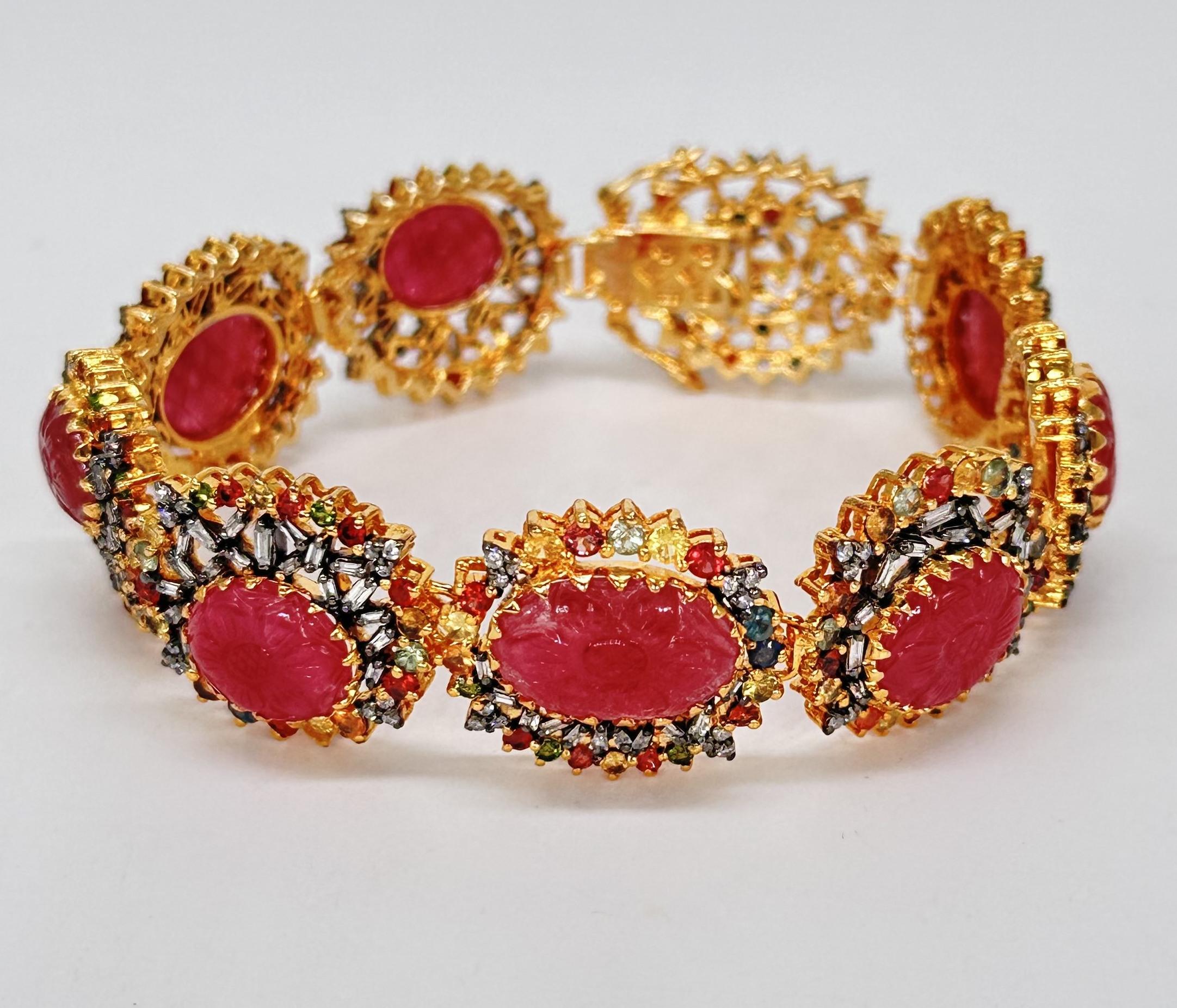 Contemporary Brilliant Cut Diamonds Baguette carved ruby sapphire emerald tennis bracelet For Sale