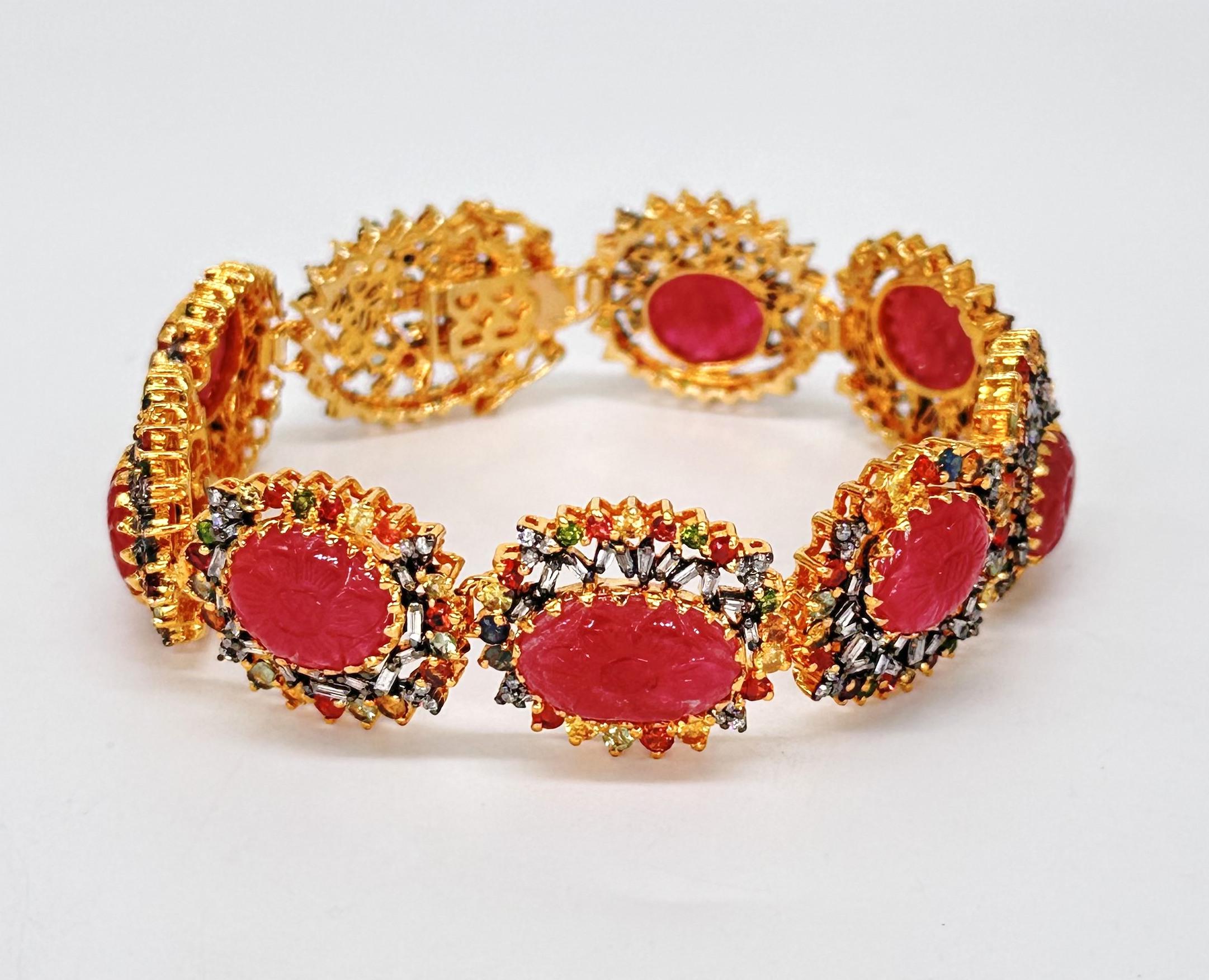 Mixed Cut Brilliant Cut Diamonds Baguette carved ruby sapphire emerald tennis bracelet For Sale