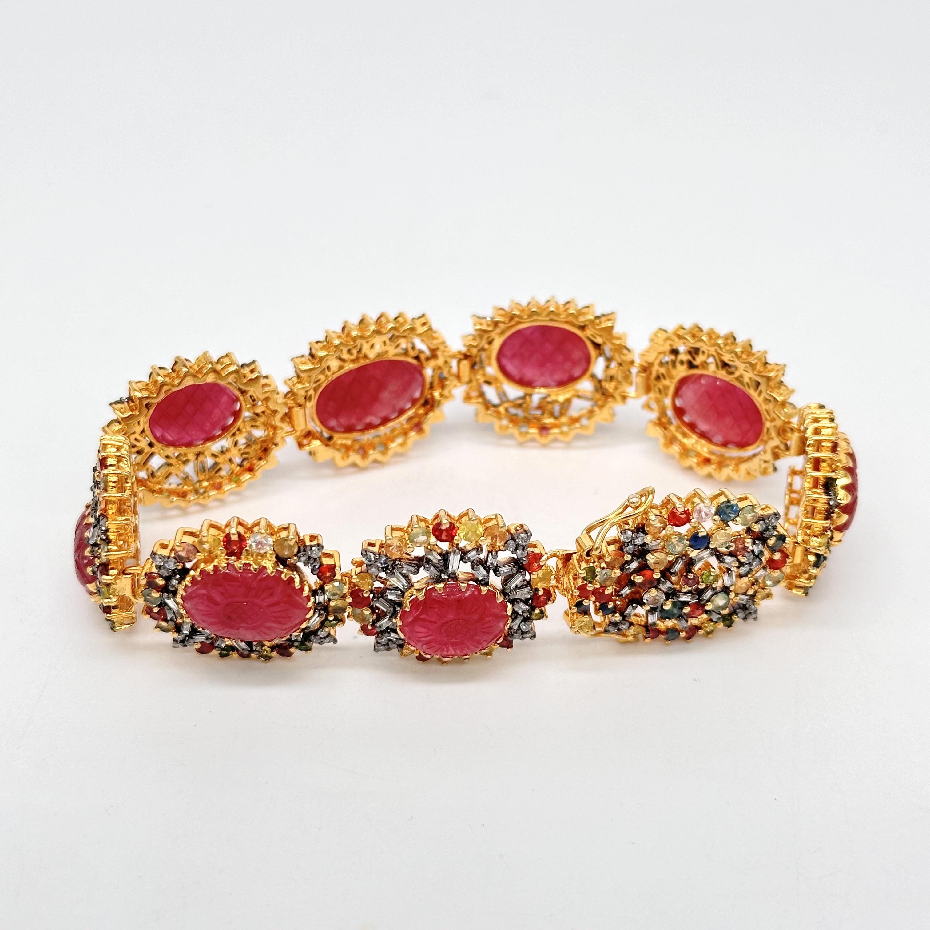 Brilliant Cut Diamonds Baguette carved ruby sapphire emerald tennis bracelet For Sale 1