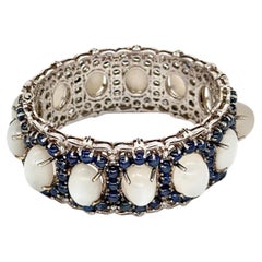 Ovales Sterlingsilber-Armband mit Diamanten im Brillantschliff, Mondstein und blauem Saphir