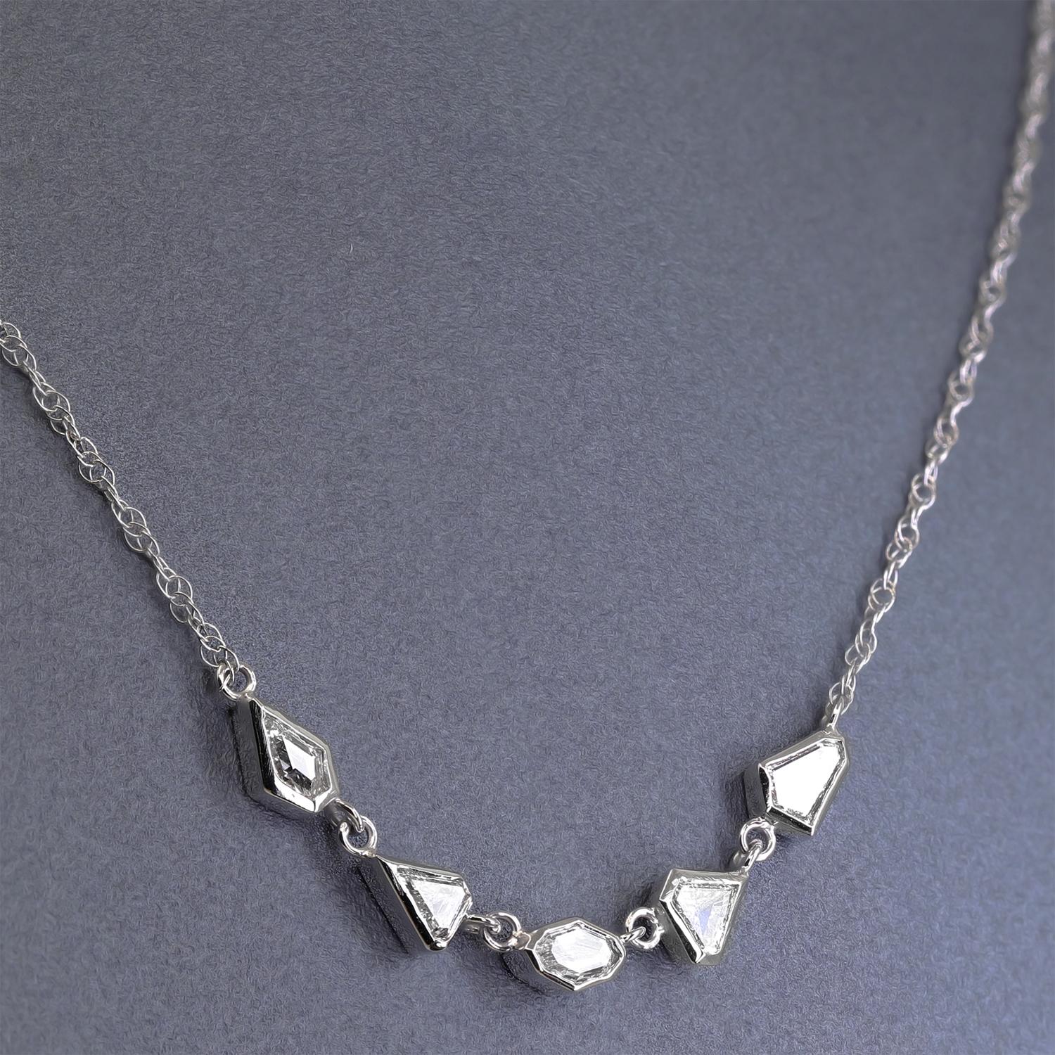 One of a Kind Deco Five Stone Necklace by jewelry designer Just Jules handmade in 14k white gold featuring five top white brilliant-cut diamonds in shield, kite, and octagonal shapes. Each exceptional stone is individually bezel-set and finished on