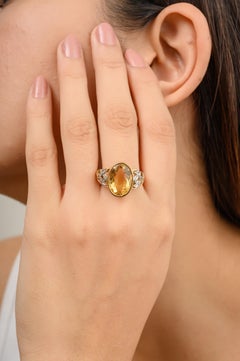 Brilliant Cut Oval Citrine Diamond Wedding Cocktail Ring Made in 18k Yellow Gold