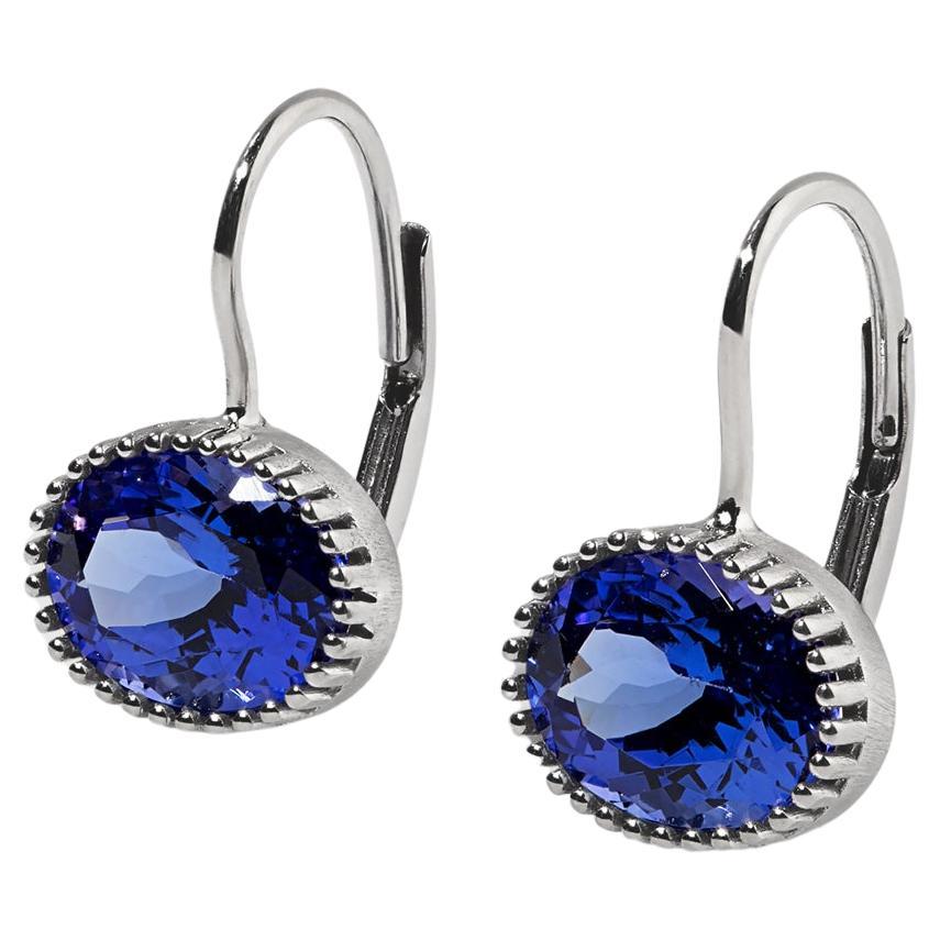 Brilliant Cut, Oval Tanzanite Earrings, 14kt White Gold For Sale
