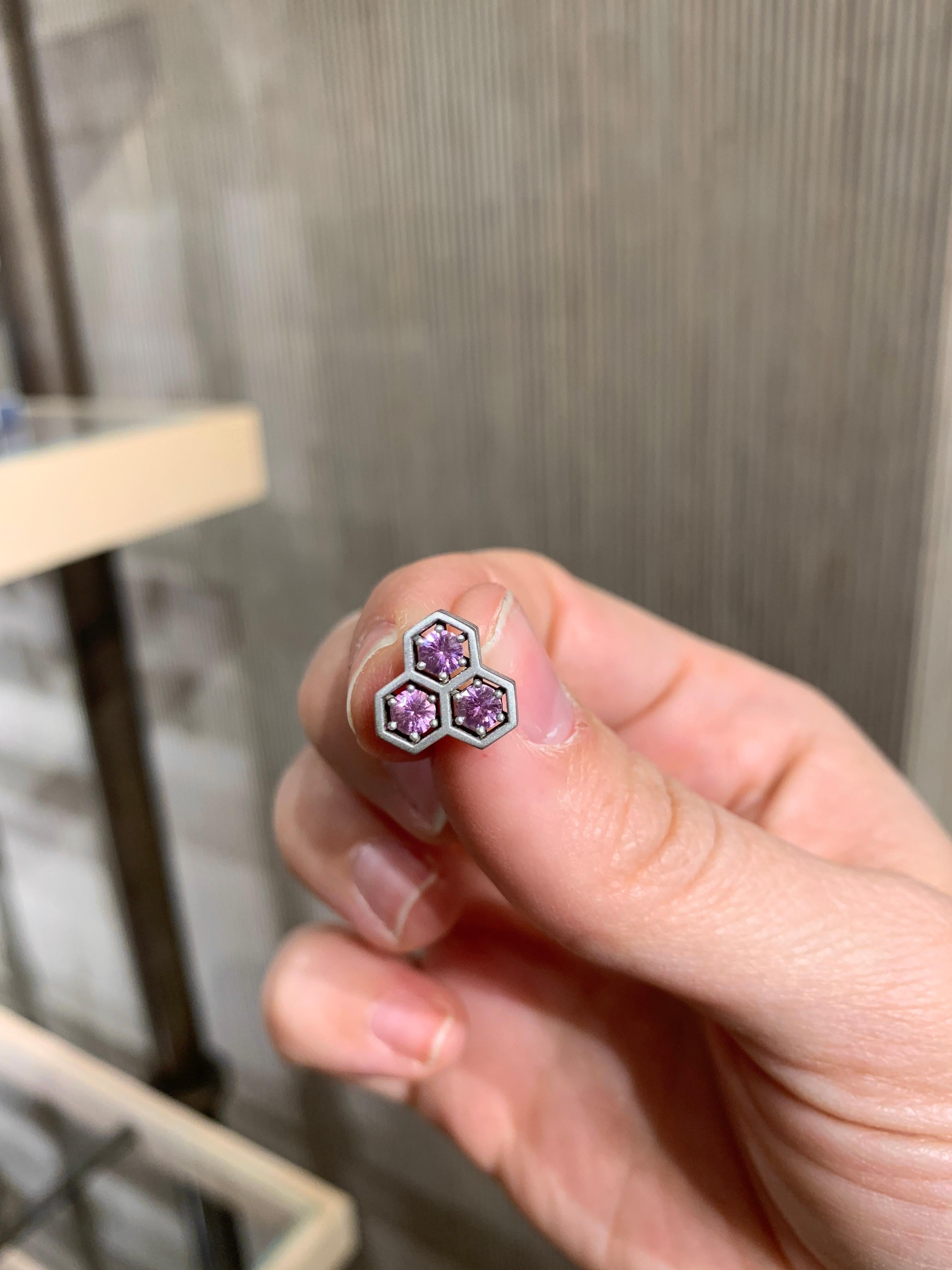Triple Hex Earrings hand-fabricated by jewelry maker Roule & Co. in matte-finished 18k white gold showcasing six vibrant round brilliant-cut pink sapphires, perfectly-matched and set atop an intricate, open three level design, finished with 18k